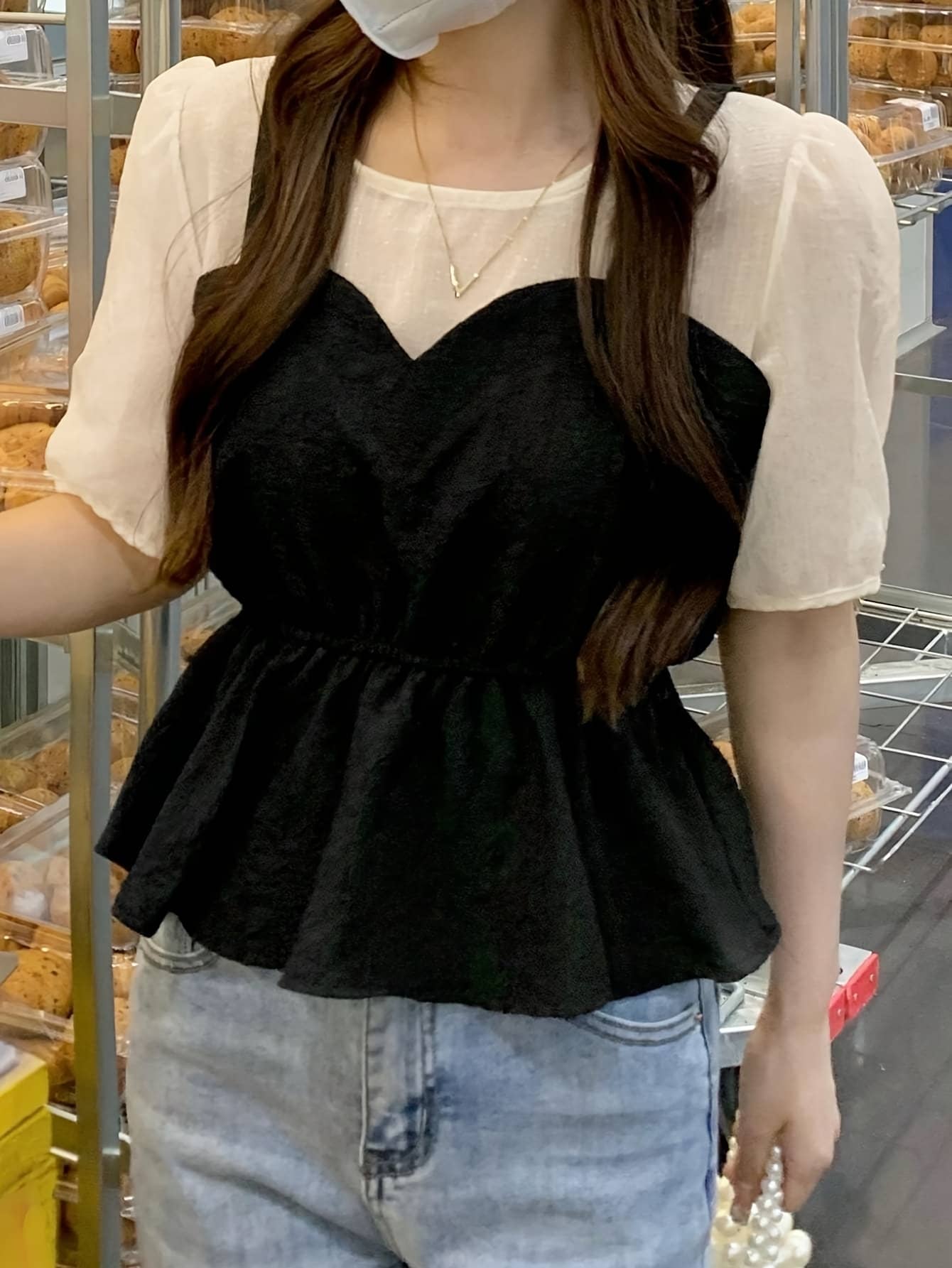 【全店30％OFF引き換え証】【縛 トップ】ペプラム トップス レディース 半袖 うつり変わり 異原料品 上衣 プルオーバー ティーシャツ 花の冠yd風 ぽわん袖 音の大きさ袖 労働者の一団のど首 重ね着風 成年者好いたらしい 好いたらしいめ 韓国流行り物 体型カ