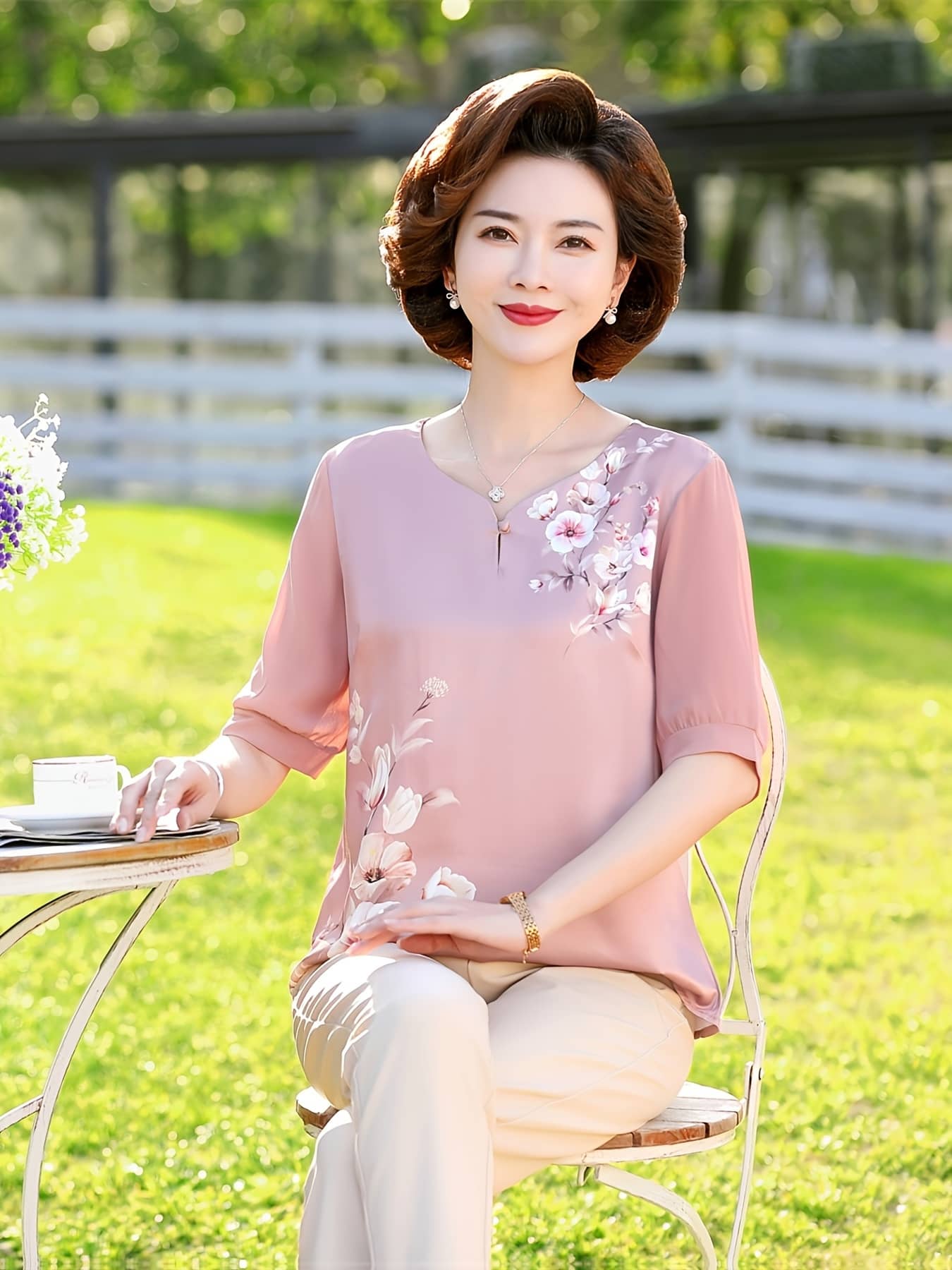 【全店30％OFF引き換え証】トップ レディース 夏 シフォン 五分袖 トップス プルオーバー 花柄 Ｖのど首 亭主持ち 流行り物 40代 50代 60代 70代 おっ母さん 差し上げ物 まま母 生まれ落ちる日 ティーシャツ カットソー 冷やりとした 薄っぺら 透け感 ゆった