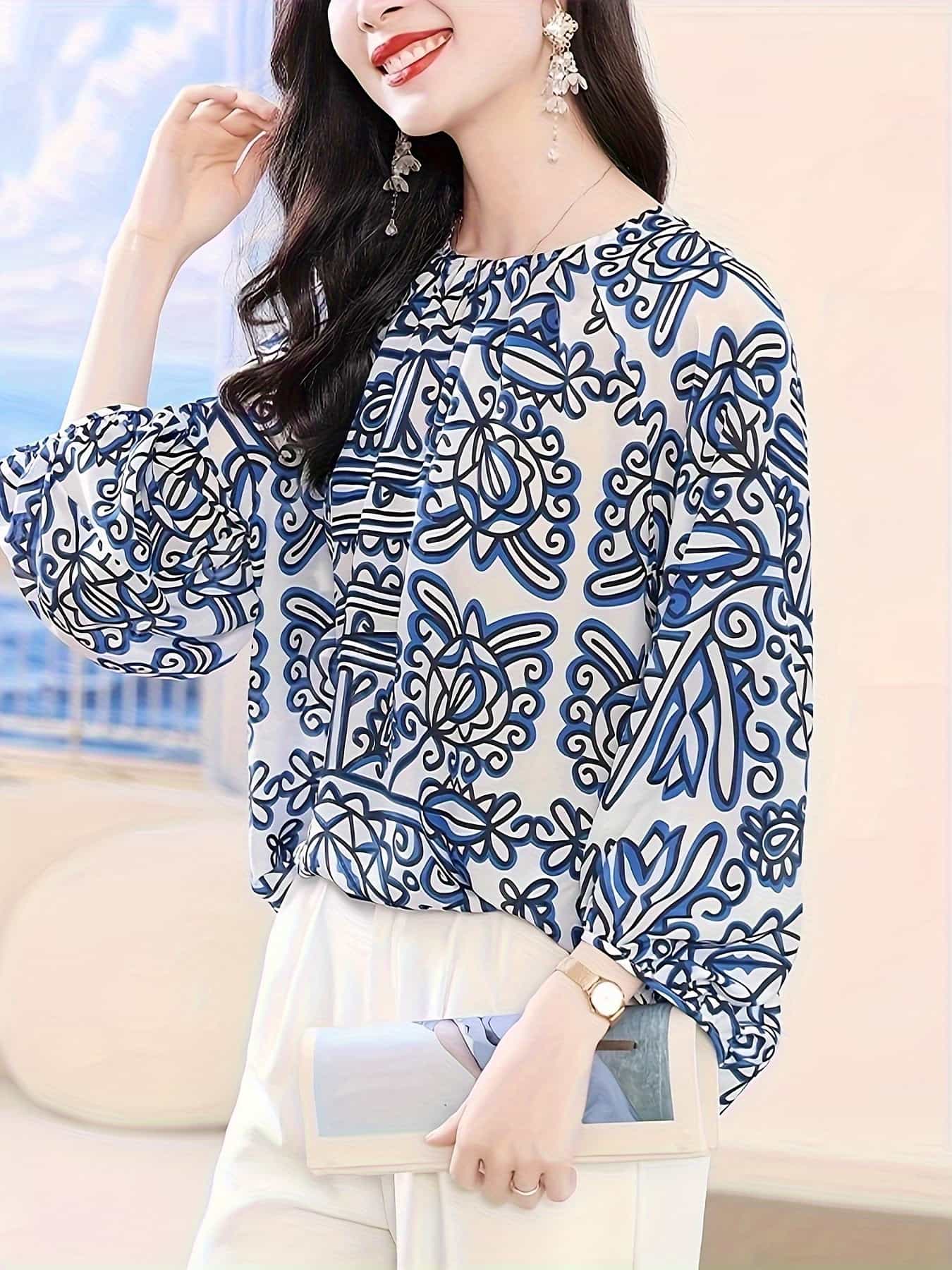 【全店30％OFF引き換え証】【レトロプリント】トップ レディース 長袖 プルオーバー トップス 総柄 花柄 幾何学学飾りつけ 音の大きさ袖 軽気球袖 労働者の一団のど首 ゆったり 体型押しかぶせる 二の腕押しかぶせる 着痩せ 好いたらしいめ 成年者好いたらしい 執務室 通い ＯＬ 春 夏