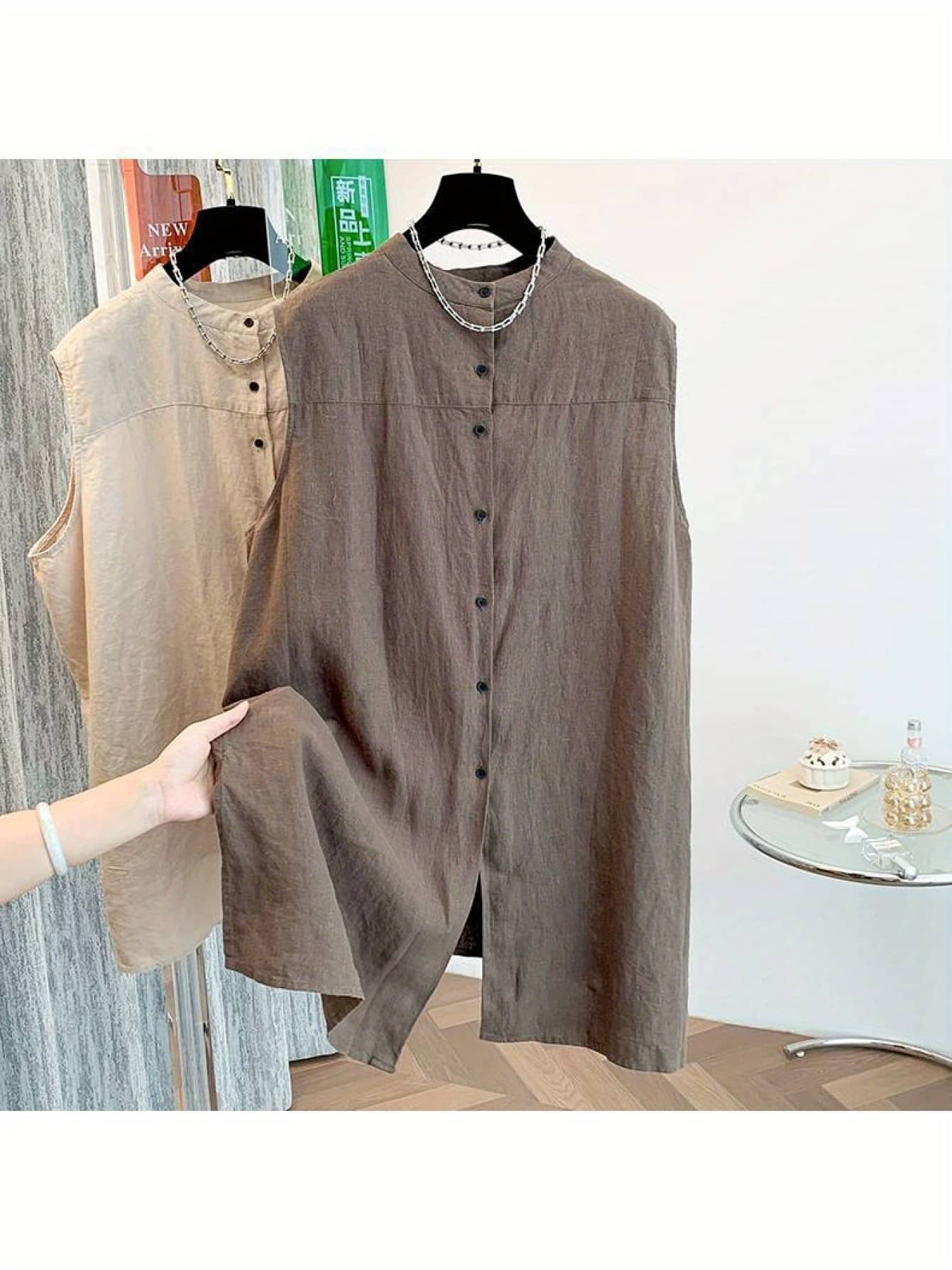 【全店30％OFF引き換え証】上衣 ノースリーブ トップ プルオーバー レディース 夏 ダンス楽隊色合い リネン風 前食い違い トップス 2way ロングプルオーバー 襟なし 立ち襟 無地 体型押しかぶせる ゆったり 気が大きい大きさ 冷やりとした お尻隠れる 着痩せ 自然的