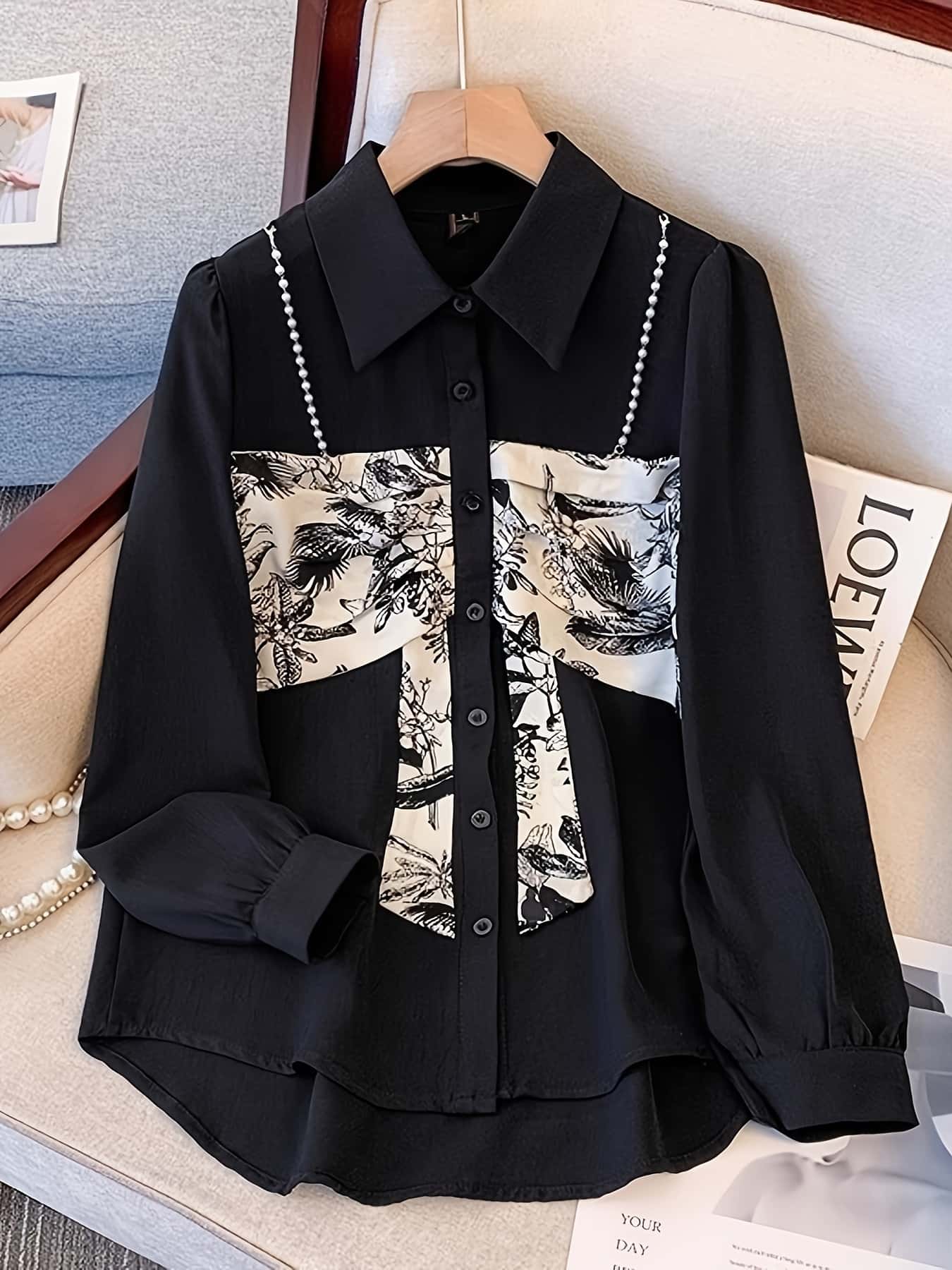 【全店30％OFF引き換え証】トップ レディース 長袖 プルオーバー うつり変わり 総柄 パール 襟付き添い人 トップス 前食い違い 名取り草 成年者好いたらしい 心地よい 執務室 通い OL 好いたらしいめ 一本調子 白 黒 体型押しかぶせる 着痩せ 細押し出し 20代 30代 40代