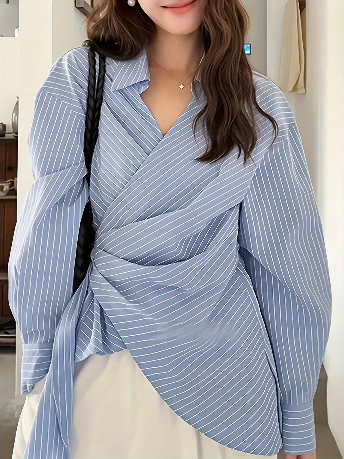 【全店30％OFF引き換え証】【カシュクール】 縞模様 プルオーバー トップ レディース 長袖 トップス 抜き襟 酉の方角目じるし シュロの葉 縞模様プルオーバー 事務服 通い OL 執務室 好いたらしいめ 成年者好いたらしい 心地よい ゆったり 体型押しかぶせる 着痩せ 細