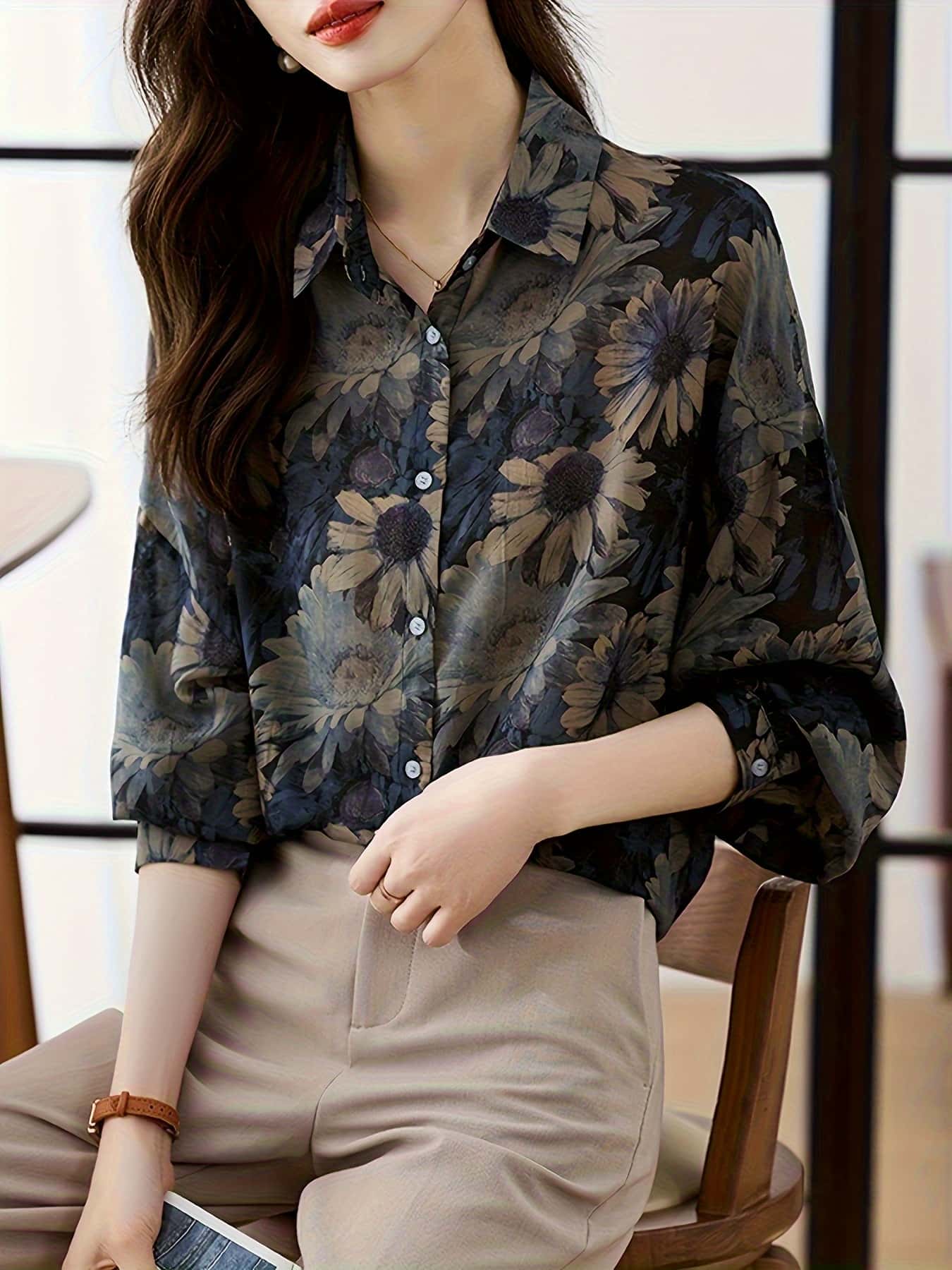 【全店通用25%OFFクーポン】ブラウス レディース 長袖 シャツ 襟付き シフォン 花柄 総柄 レトロ ヴィンテージ風 トップス とろみシャツ きれいめ オフィス 通勤 OL 事務服 カジュアル ゆったり 体型カバー 着痩せ 二の腕カバー 30代|大森麗萱