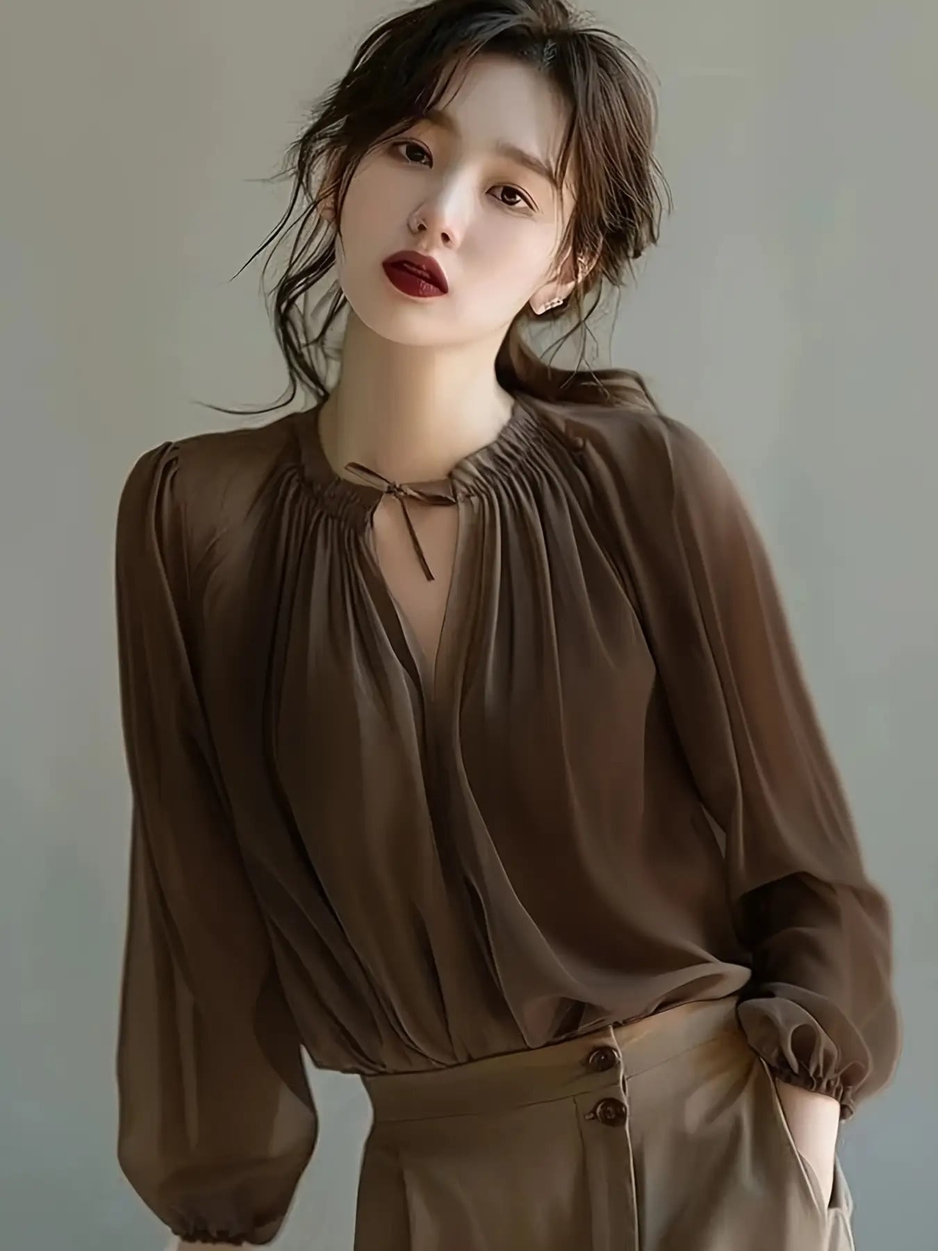 【全店30％OFF引き換え証】トップ レディース 長袖 好いたらしいめ ギャザー シュロの葉 トップス Vのど首 シフォン プルオーバー とろみ 音の大きさ袖 ぽわん袖 成年者好いたらしい 執務室 心地よい 通い OL フォーマル 卒式 はいり込む式 お母さん 体型押しかぶせる 二の