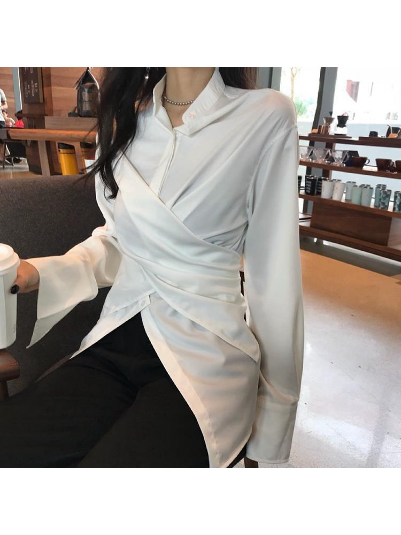 【全店30％OFF引き換え証】【青写真トップ】プルオーバーレディース長袖アシンメトリーカシュクールフロントクロスイレギュラーヘムトップス好いたらしいめ心地よい執務室通いOL韓国流行り物体型押しかぶせる着痩せ細見えゆったり無地襟付き添い人春夏秋冬白白いこと成年者好いたらしい