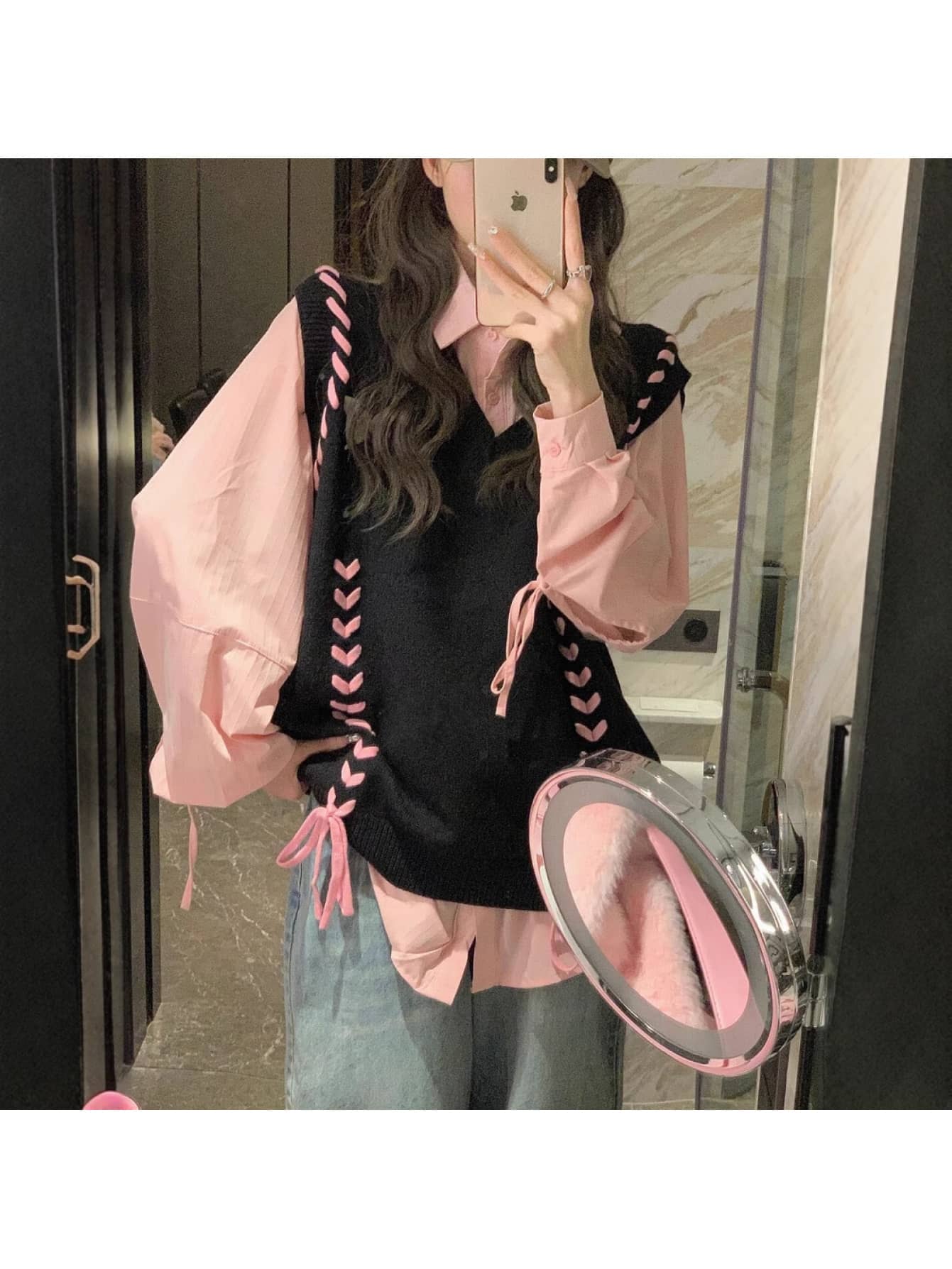 【全店30％OFF引き換え証】【２点仕掛ける】ニットベストシャツレディースセットアップレースアップ編み上げシュロの葉Ｖネックジレブラウス重ね着花の冠yd長袖袖シュロの葉ぽわん袖トップス成年者好いたらしいフェミニンガーリー体型押しかぶせる二の腕押しかぶせる割れ易い押し出し着痩せ年月冬カジュア