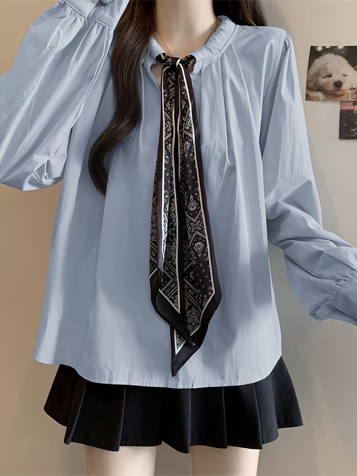 【全店30％OFF引き換え証】えり巻き付き添い人 トップ レディース 長袖 事務服 執務室 通い 洋弓引き分け 立ち襟 照明ランプ色合い 好いたらしいめ トップス プルオーバー ダンス楽隊色合い ギャザー 音の大きさ袖 軽気球袖 韓国流行り物 成年者好いたらしい 女子らしい 清