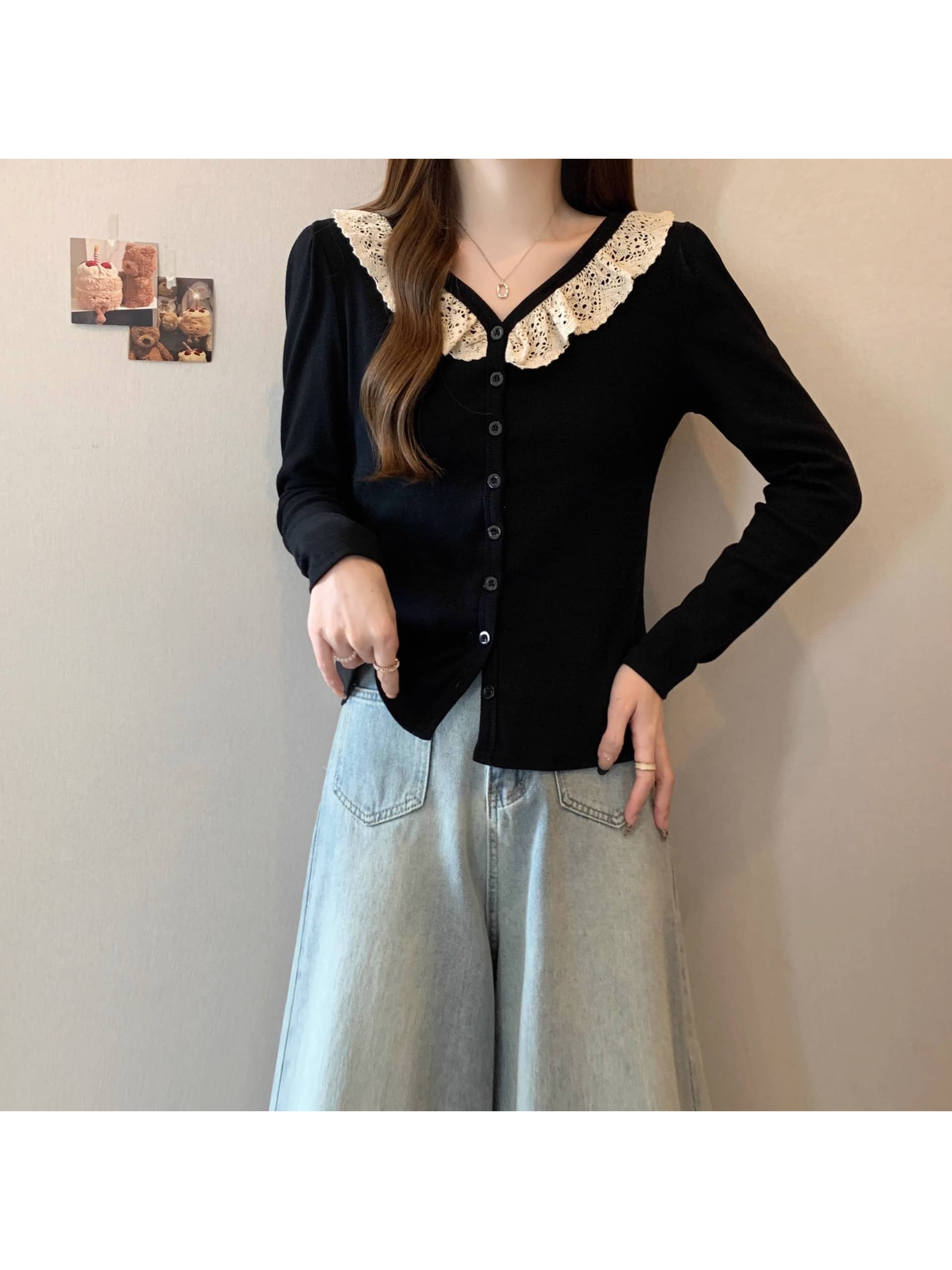 【全店30％OFF引き換え証】【襟元スピード競技】トップ レディース 長袖 ビッグ色合い スピード競技襟 トップス 編み物 ジレー 襟付き添い人 Vのど首 プルオーバー カットソー 好いたらしいめ 成年者好いたらしい 女子らしい レトロ ガーリー 着痩せ 細押し出し 体型押しかぶせる ストレ