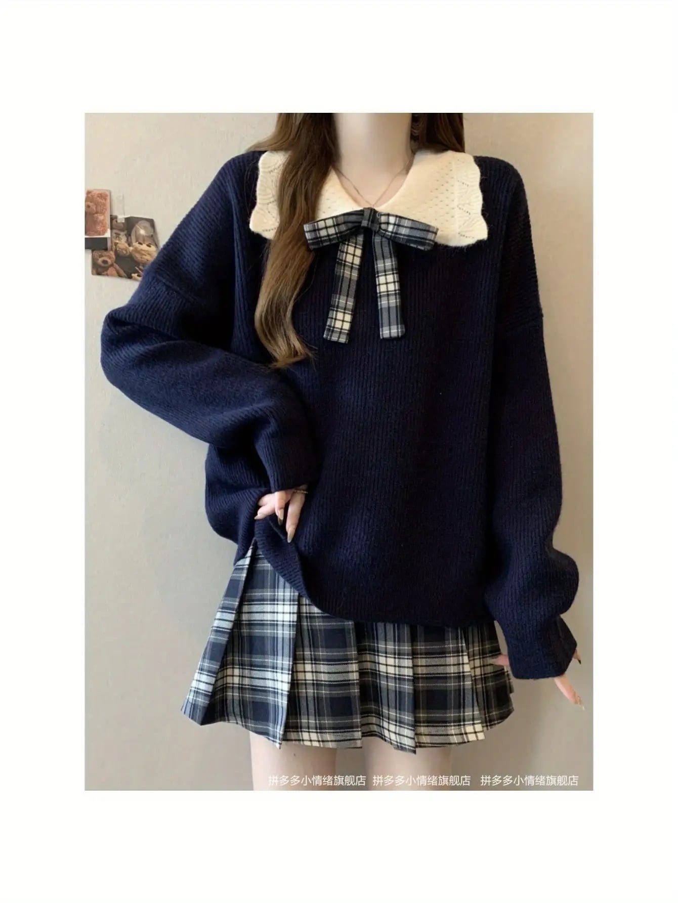 【全店通用25％OFFクーポン】【大人可愛い】襟付き ニット セーター レディース トップス 長袖 韓国ファッション ビッグカラー リボン チェック 配色 バイカラー オーバーサイズ ゆったり 大きいサイズ 体型カバー 華奢見え ボリューム袖 カジュ｜大森麗萱