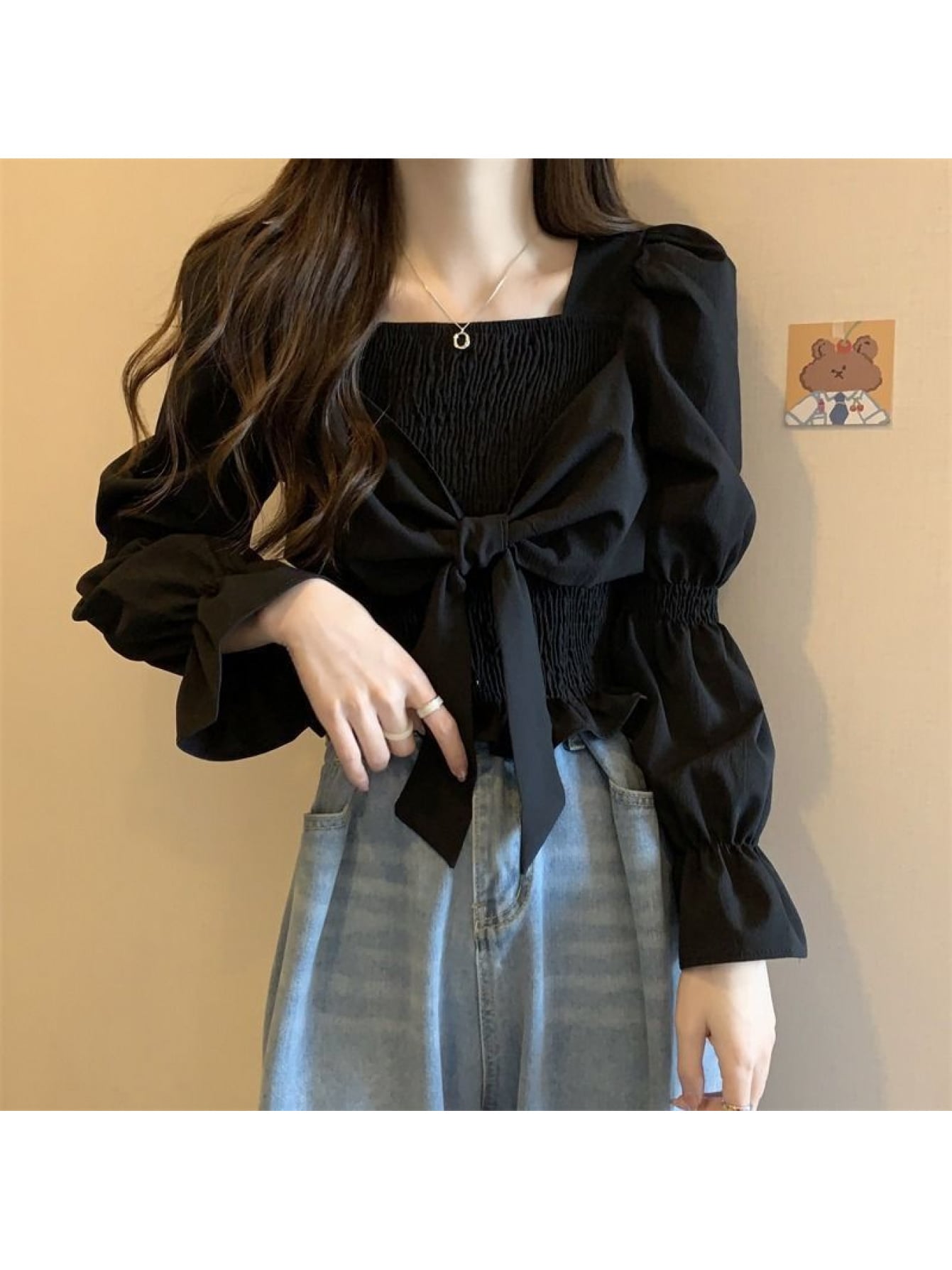 【全店30％OFF引き換え証】【向こう正面シュロの葉】トップ レディース トップス 長袖 真四角のど首 プルオーバー 洋弓引き分け シャーリング 音の大きさ袖 真っ盛り袖 袖コンシャス 砂糖菓子捩り 無地 黒 成年者好いたらしい 女子らしい 好いたらしいめ 執務室 通い