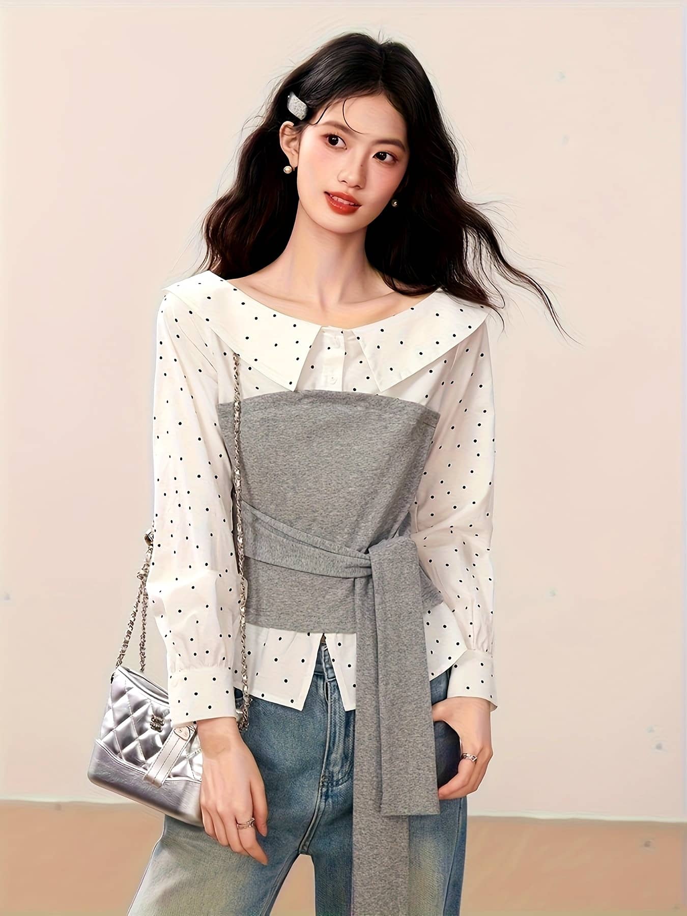 【全店30％OFF引き換え証】トップ レディース 長袖 フェイクレイヤード 重ね着風 ビスチェ風 プルオーバー 水玉 点点柄 襟付き添い人 ビッグ色合い トップス 酉の方角目じるし シュロの葉 紐 うつり変わり 体型押しかぶせる 着痩せ 細押し出し 割れ易い押し出し 二の腕押しかぶせる 成年者可