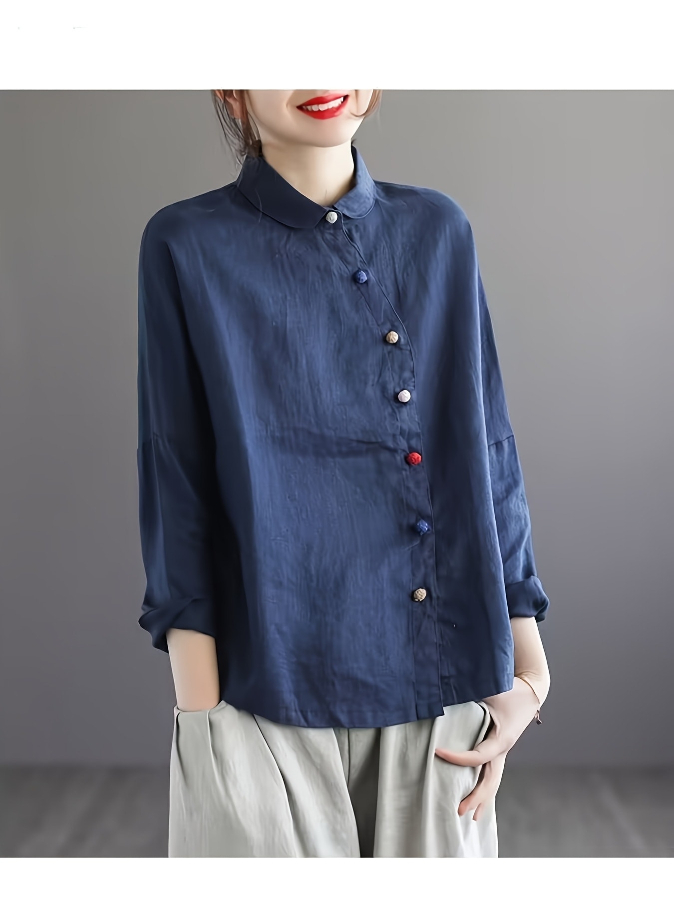 【全店30％OFF引き換え証】【レトロ好いたらしい】 トップ プルオーバー レディース トップス 長袖 丸襟 襟付き添い人 派手 名取り草 曲がった青写真 上衣 ゆったり 体型押しかぶせる 着痩せ 自然的 心地よい 好いたらしいめ 無地 春 秋 リネン風 リネンタッチ