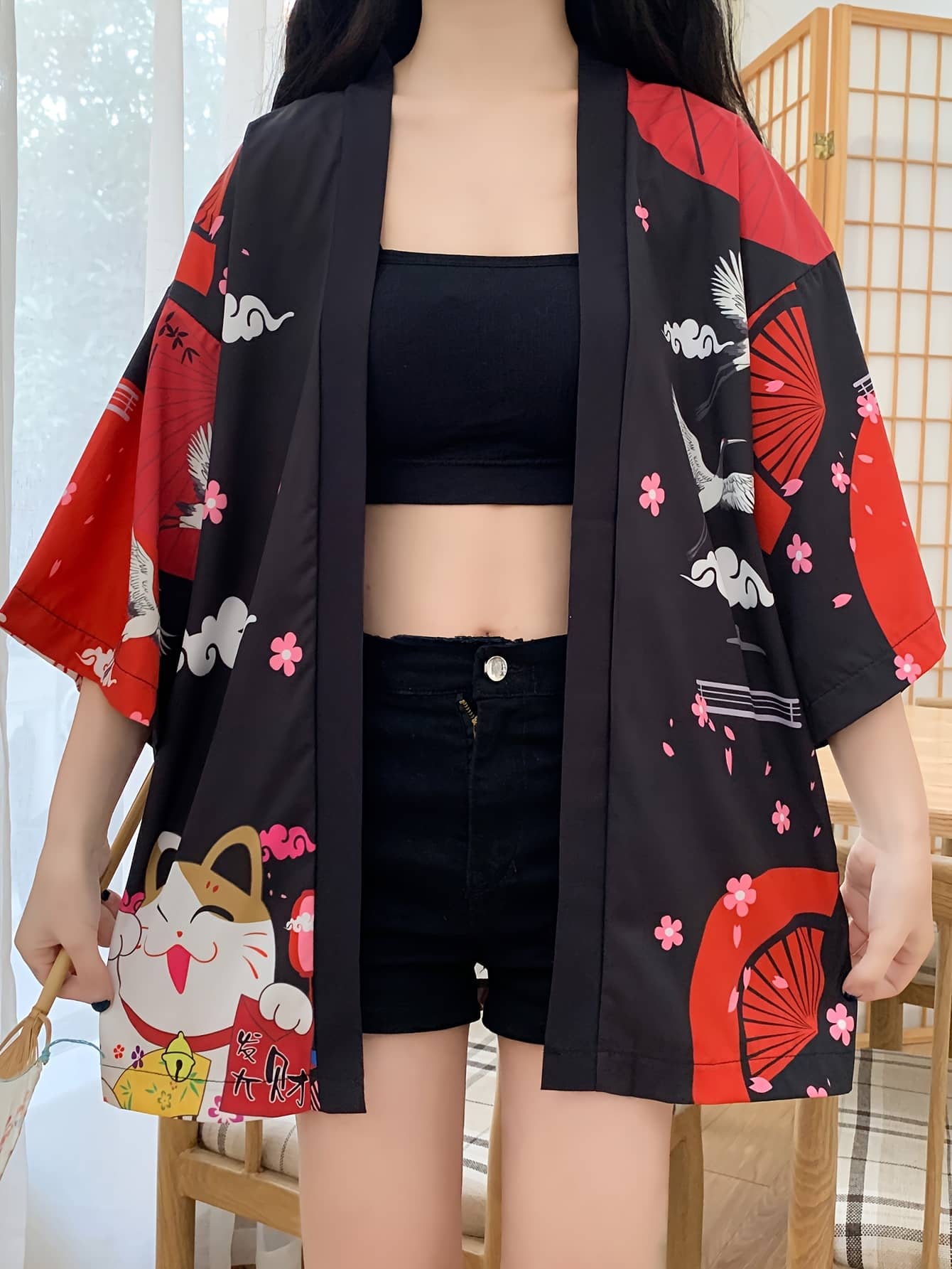 【全店30％OFF引き換え証】【和柄】羽織 お召しものジレー 招き猫 レディース メンズ 甚平風 トップス 和式 儀式用 法被風 はおり 鉄道車両デ 七分袖 春 夏 秋 薄っぺら 冷やりとした 日焼打つ手 冷房装置打つ手 砂浜 水泳着の上 ゆる レトロ 鶴 桜 傘 黒いこと