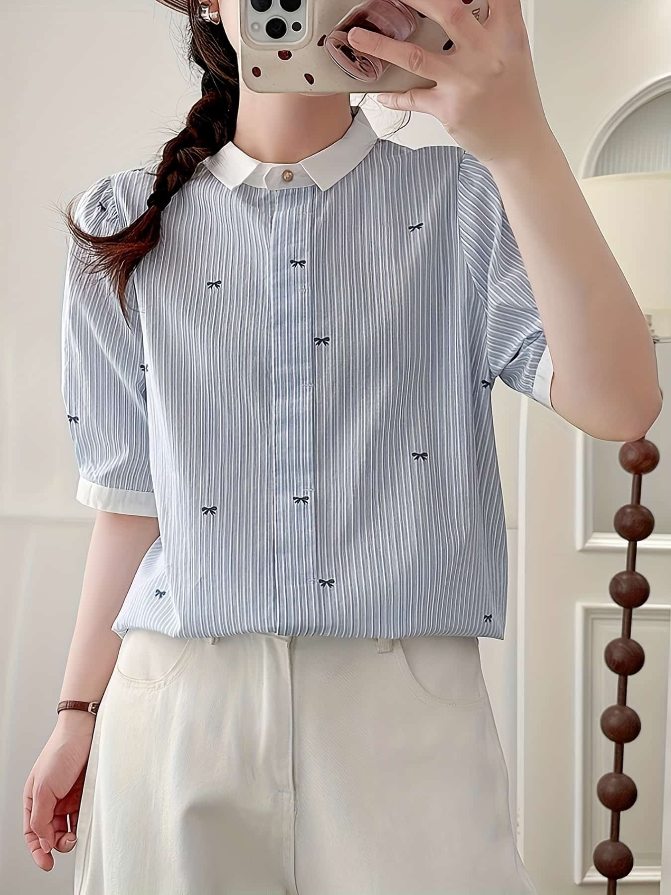 【全店30％OFF引き換え証】【シュロの葉刺しゅう】トップ レディース 半袖 縞模様 プルオーバー 襟付き添い人 バイ色合い クレリックシャツ トップス 5分袖 上衣 ゆったり 大きめ たわい無い 体型押しかぶせる 二の腕押しかぶせる 着痩せ 細押し出し 冷やりとした 通気性 透け押しとどめる