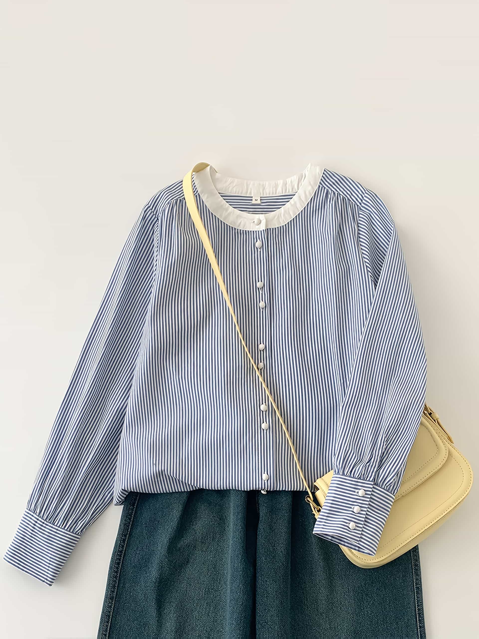 【全店30％OFF引き換え証】縞模様 プルオーバー トップ レディース 長袖 クレリックシャツ 丸襟 色彩設計 労働者の一団のど首 トップス 前食い違い 事務服 執務室 通い OL 好いたらしいめ 心地よい フレンチ 成年者好いたらしい ゆったり 体型押しかぶせる 着痩せ シワにな