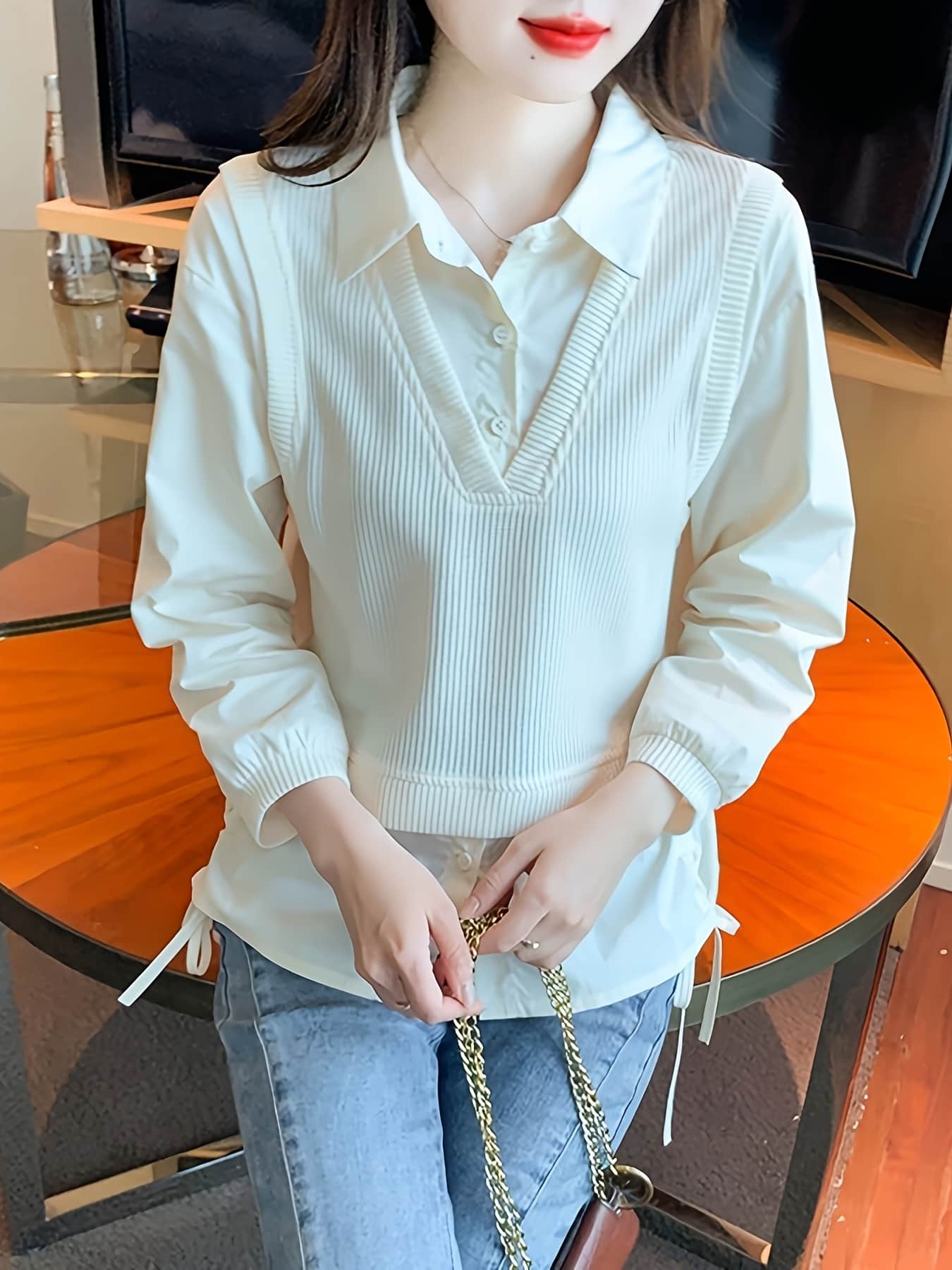 【全店30％OFF引き換え証】重ね着風 トップ レディース 編み物より良い プルオーバー 縛 トップス 長袖 襟付き添い人 好いたらしいめ 上衣 ティーシャツ カットソー 心地よい 無地 執務室 通い 通学 OL 20代 30代 40代 Vのど首 犀