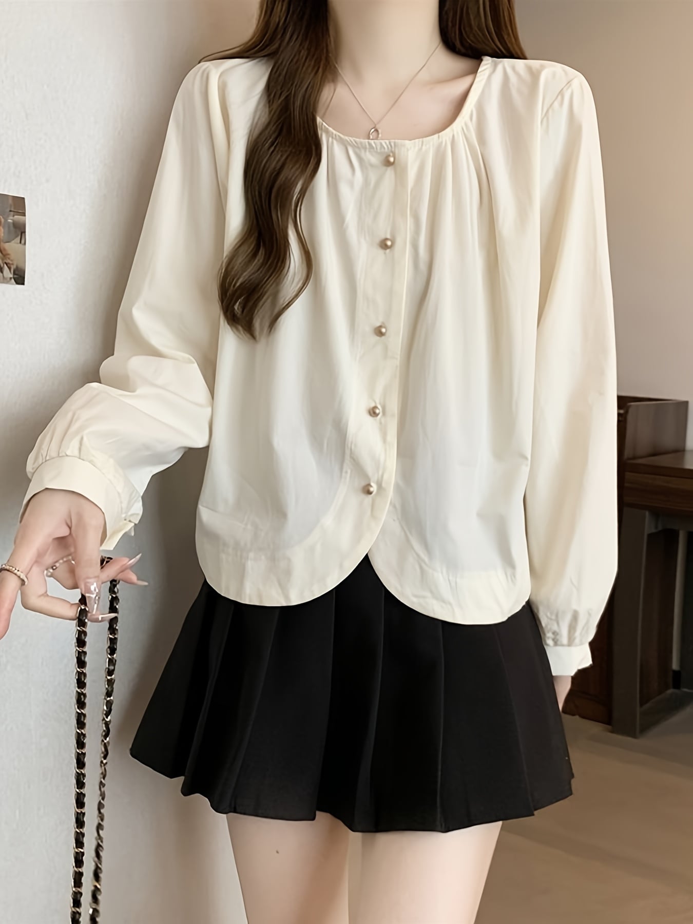 【全店30％OFF引き換え証】トップ レディース 長袖 好いたらしいめ パール名取り草 ギャザートップ プルオーバー トップス 丸首 ラウンドのど首 音の大きさ袖 軽気球捩り 裾ラウンド 執務室 通い OL 事務服 フォーマル 卒式 はいり込む式 卒園式 入