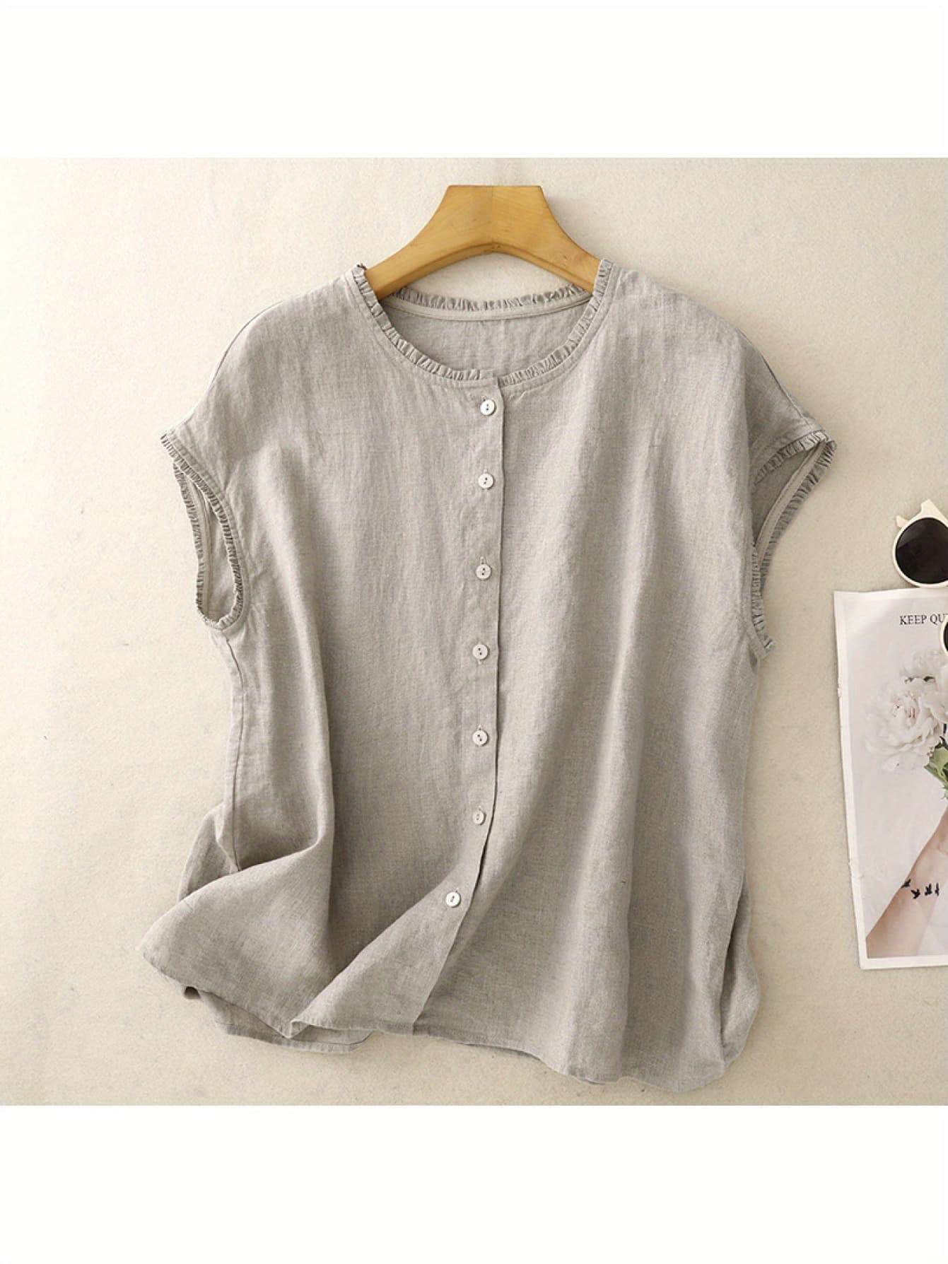 【全店30％OFF引き換え証】【リネン混】 トップ レディース ノースリーブ 夏 トップス フレンチ捩り プルオーバー 綿麻混 冷やりとした ゆったり 体型押しかぶせる 前食い違い 名取り草 労働者の一団のど首 丸首 無地 上衣 20代 30代 40代 50代 気が大きいサ