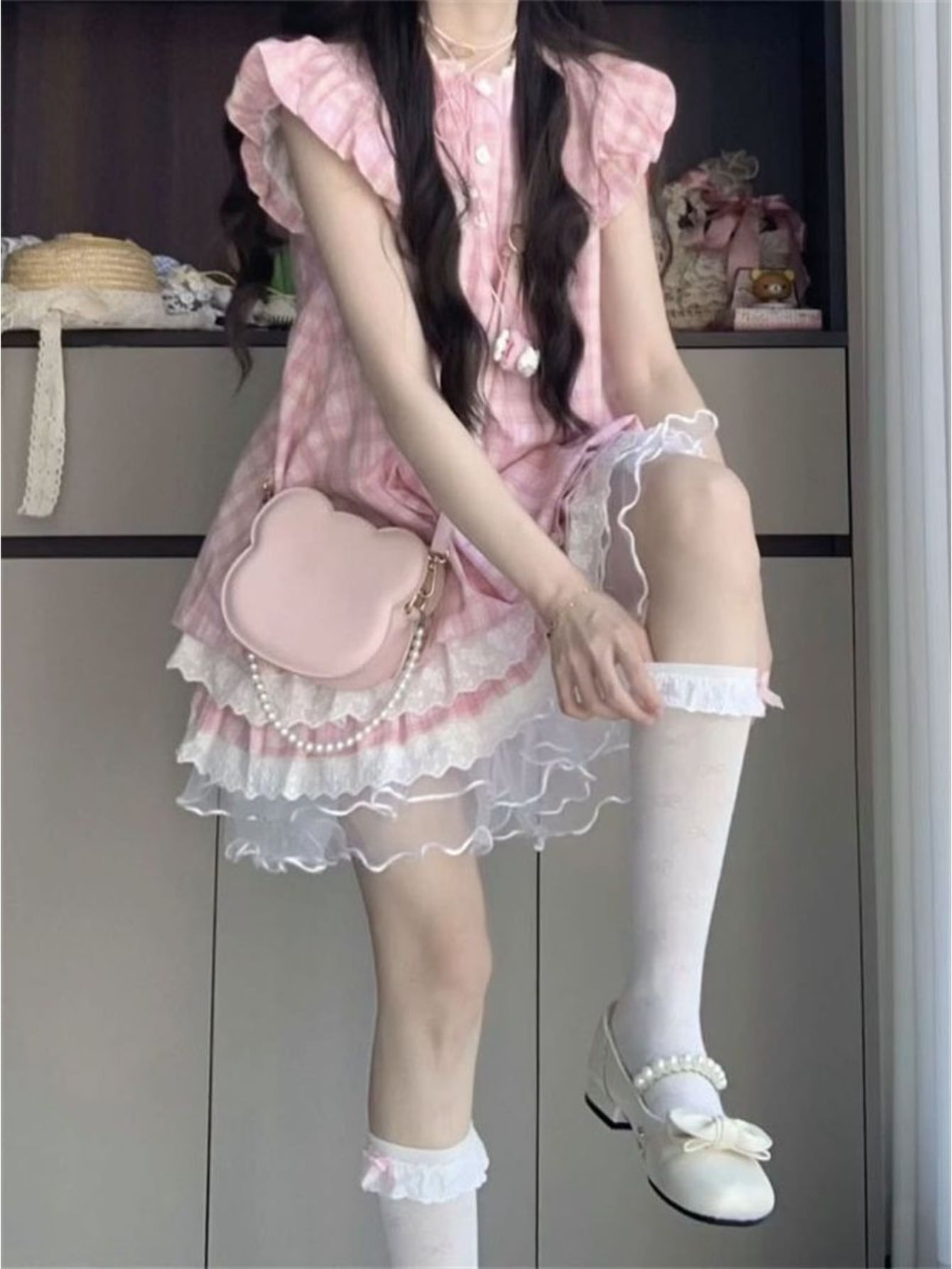 【今日このごろ押さえる、超買得30％OFF引き換え証、2度潮どき皆無】【フレンチガーリー】 衣裳 照合のしるし柄 ティアード ミニ衣裳 レディース 半袖 フラウンス袖 袖コンシャス スピード競技 うつり変わり A伝達ルート 表着 ワンピ 透かし彫り柄 さくら色 ギンガムチェ