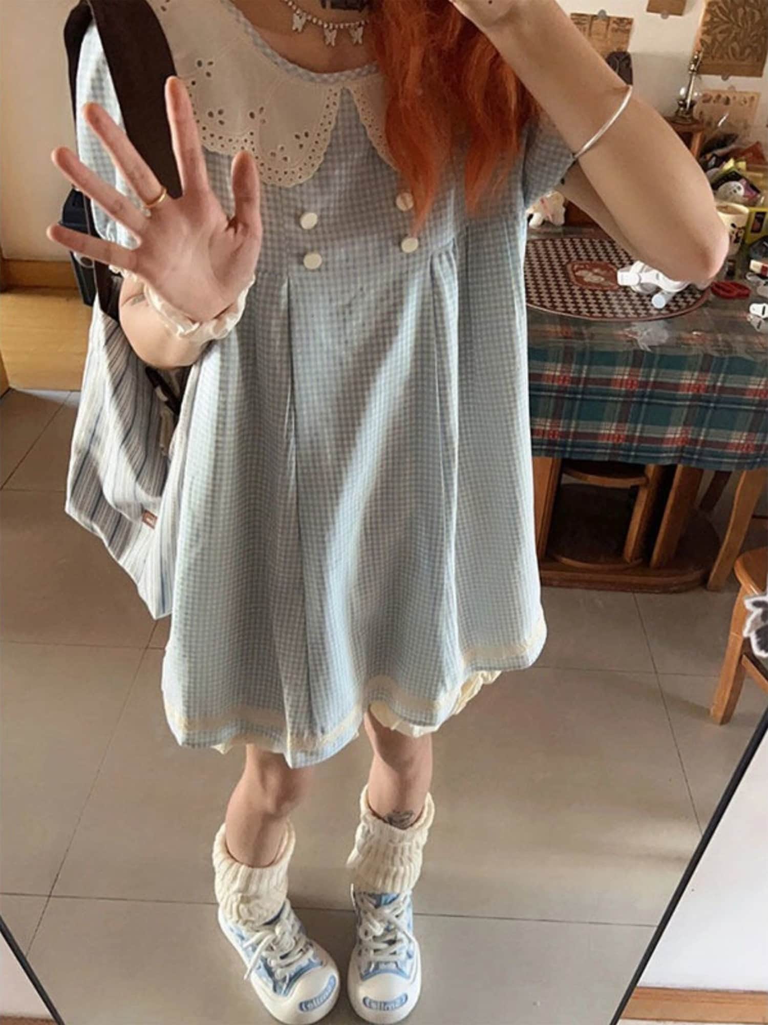 【今日このごろ押さえる、超買得30％OFF引き換え証、2度潮どき皆無】【レトロ好いたらしい】衣裳 レディース ギンガム照合のしるし ミニ丈 表着 半袖 ビッグ色つや 襟付き添い人 刺しゅう襟 丸襟 音の大きさ袖 ふんわり袖 Ａ伝達ルート ゆったり 体型取りまかなう 着痩せ たわい無い