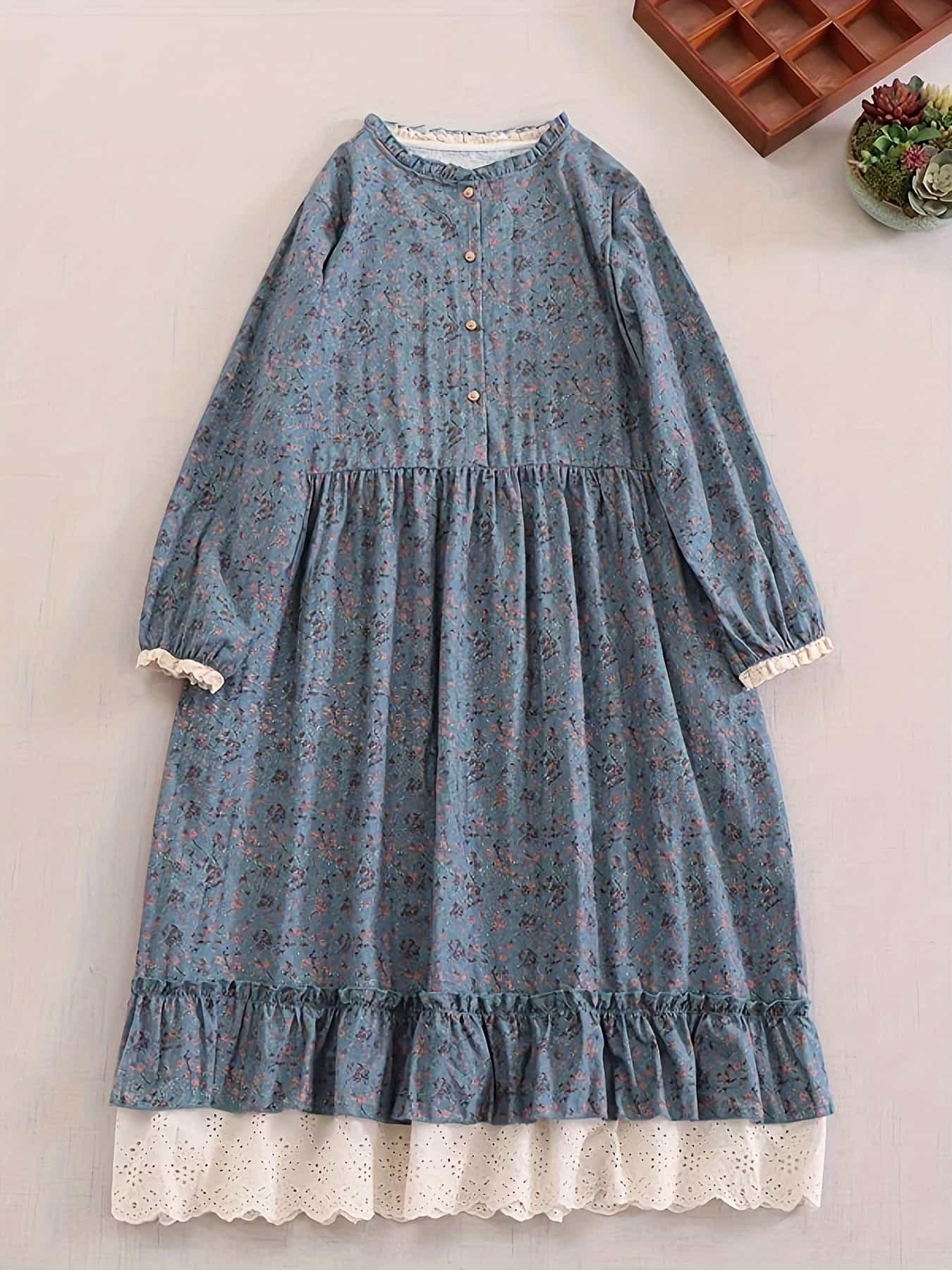 【今日このごろ制限事項、超買得30％OFFクーポン券、2度汐どき皆無】衣裳 ロング 花柄 レディース 長袖 マキシ衣裳 上着 綿混 リネン風 小花柄 フラウンス スピード競技 刺しゅう うつり変わり ワンピ ゆったり 馬鹿でかい大いさ 体型取りまかなう 着痩せ 自然的 森