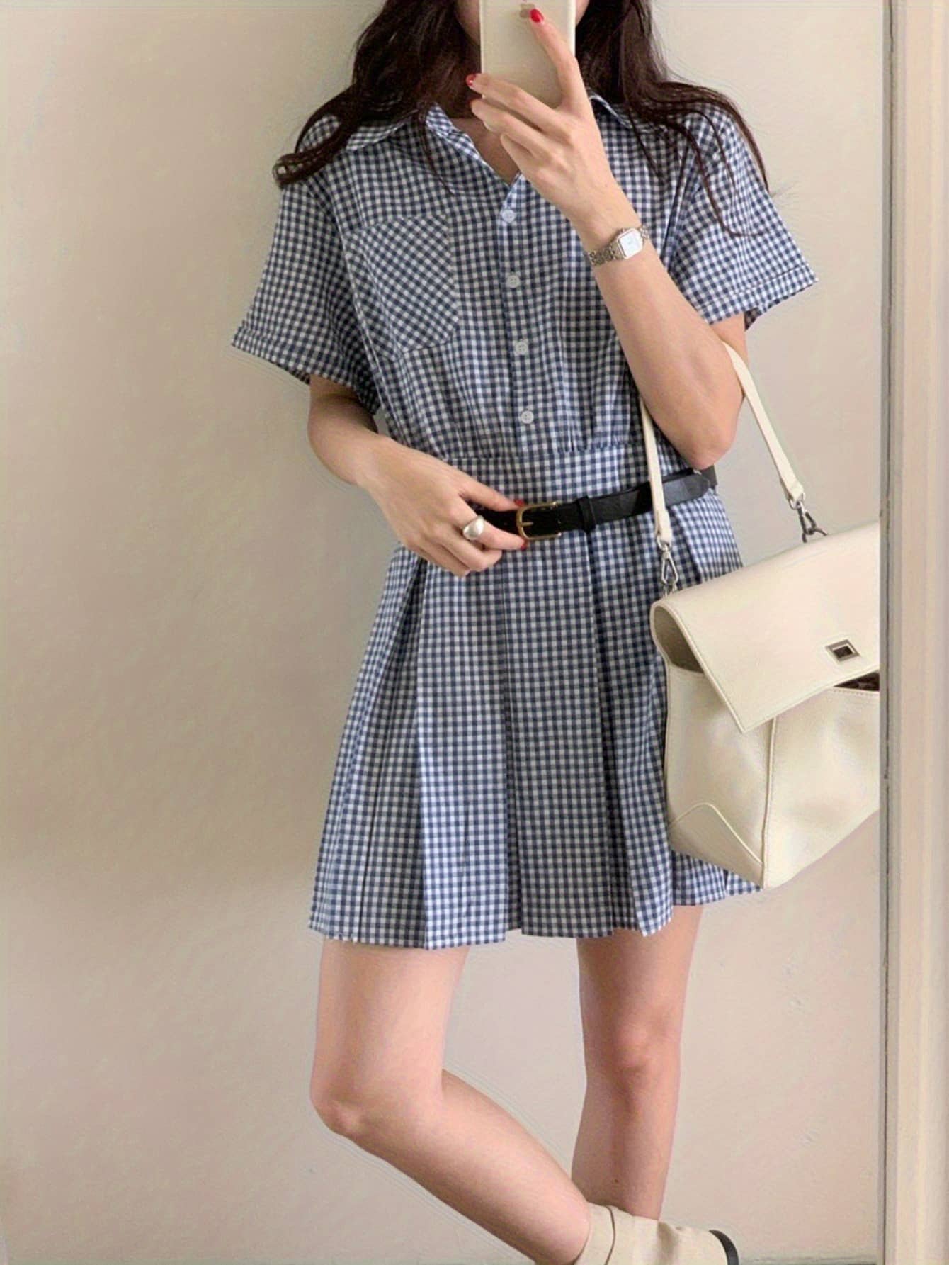 【今日このごろ押さえる、超買得30％OFF引き換え証、2度潮どき皆無】【成年者好いたらしい】ギンガム照合のしるし 衣裳 レディース プルオーバー衣裳 ミニ丈 半袖 襟付き添い人 ポロ色つや 筋目スコート 照合のしるし柄 表着 酉の方角見澄ます 三尺帯付き添い人 韓国ファッショ