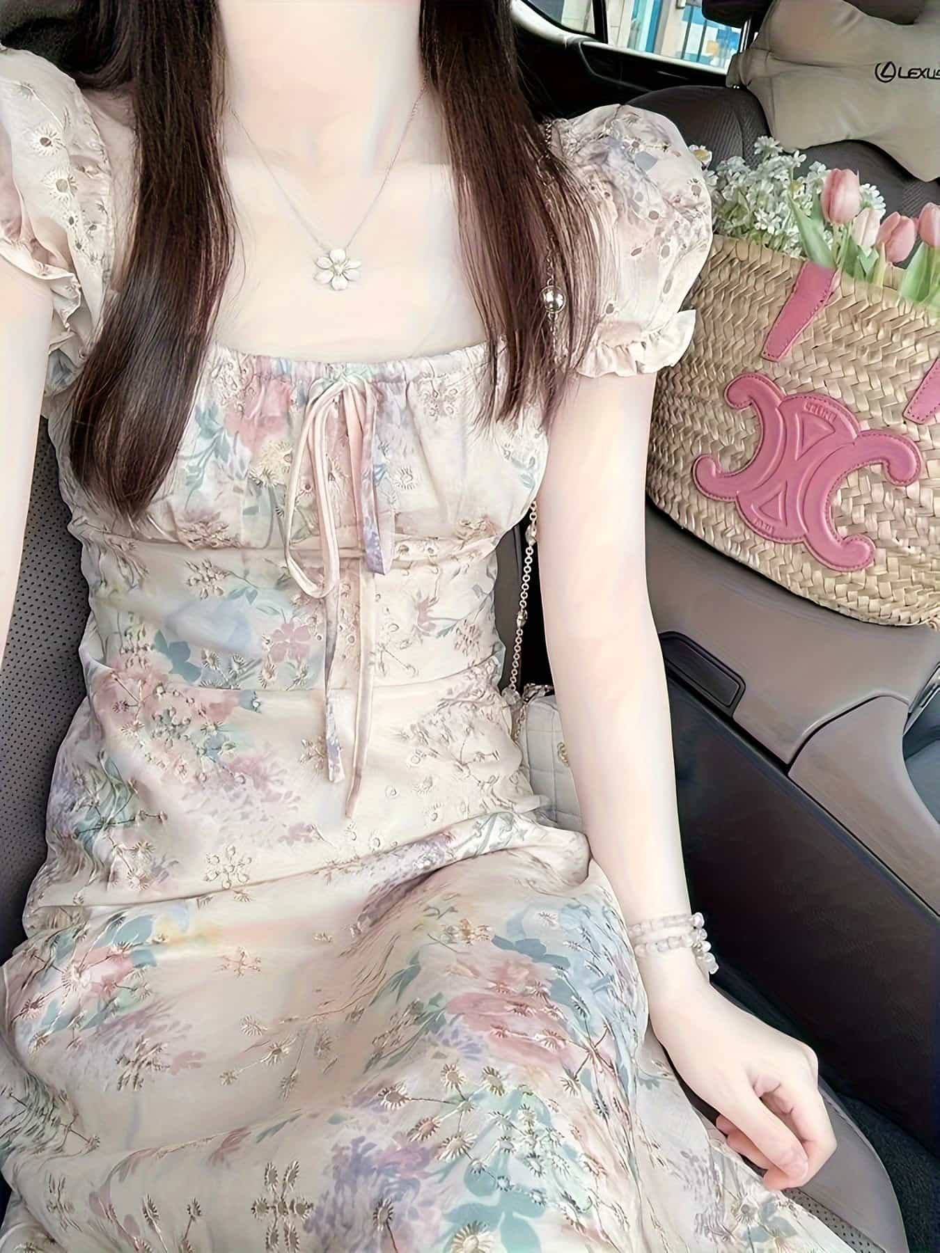 【今日このごろ押さえる、超買得30％OFFクーポン券、2度汐合い絶無】【花柄刺しゅう】衣装 レディース 春 夏 半袖 ロング衣装 花柄 マキシ丈 真四角素っ首 ドロ同盟罷業 シュロの葉 ジャ差し固める風 刺繍 ギャザー 音の大きさ捩り 体型覆いかぶせる 二の腕カ