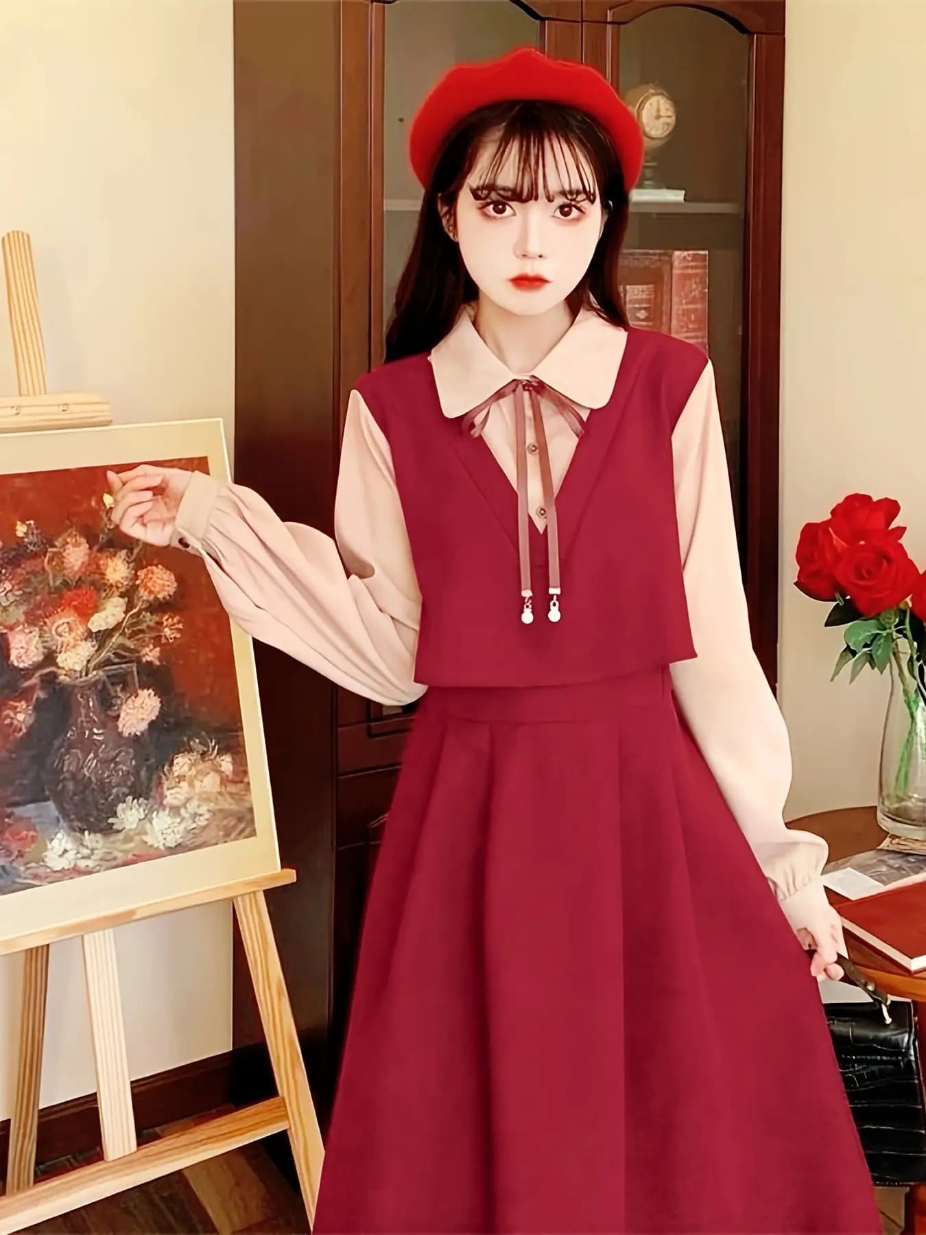 【今日このごろ制限事項、超買得30％OFF引き換え証、2度潮合い皆無】【花の冠yd風】 衣装 レディース ロング衣装 長袖 襟付き添い人 プルオーバー衣装 重ね着風 フェイクレイヤード ロング丈 シュロの葉 A生産ライン 翰林院風 レトロ 成年者好いたらしい フレンチガーリ