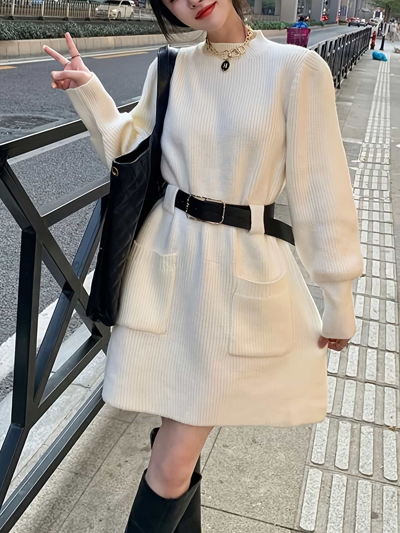【今日このごろ制限事項、超買得30％OFF引き換え証、2度潮合い皆無】【胴締め仕掛ける】編み物衣装 レディース 秋冬 長袖 ボトルネック ハイネック ミニ丈 遊撃手丈 リブニット セーターワンピ 上衣 音の大きさ袖 ぽわん袖 酉の方角目じるし 胴締め付