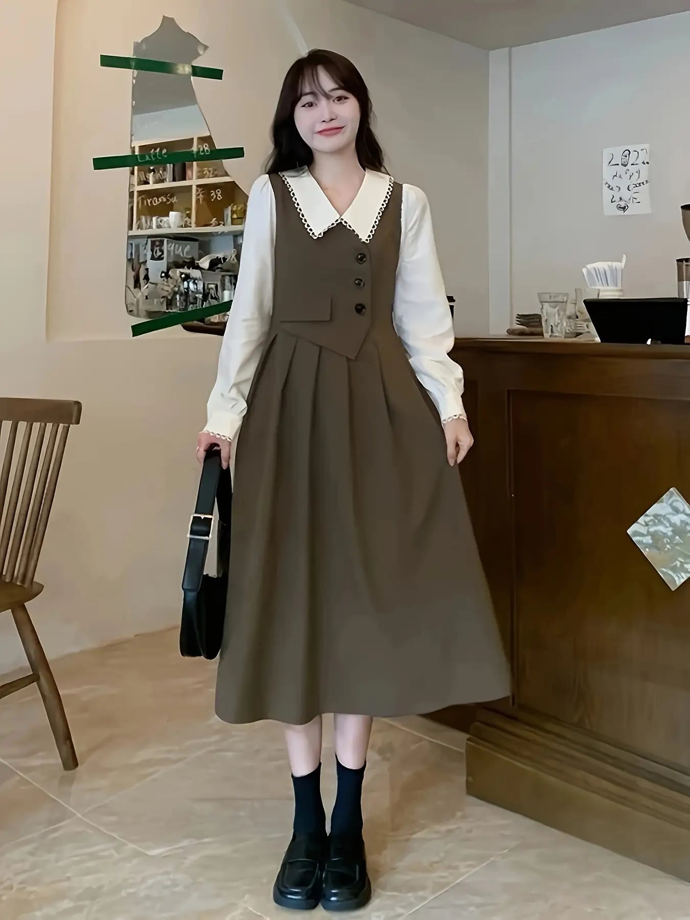【今日このごろ制限事項、超買得30％OFF引き換え証、2度潮合い皆無】プルオーバー衣装 レディース 長袖 ロング衣装 重ね着風 襟付き添い人 フェイクレイヤード 縛衣装 A生産ライン スカロップ襟 膝下 ひざ下 うつり変わり レトロ 成年者好いたらしい 体型押しかぶせる