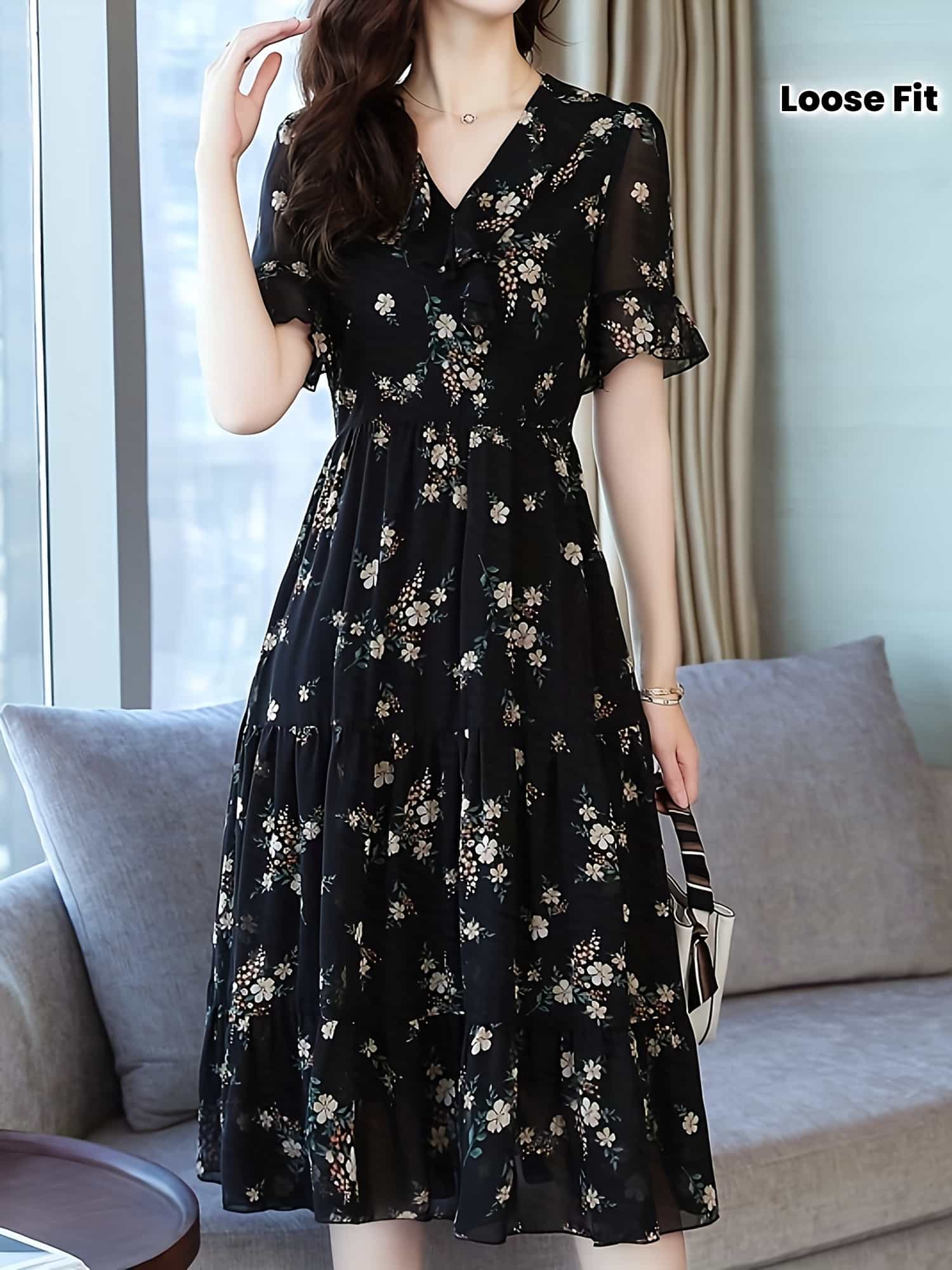 【全店通用25％OFFクーポン】ワンピース レディース ロングワンピース 花柄 Ｖネック ティアード 半袖 マキシ丈 Ａライン ウエストゴム シフォンタッチ ゆったり 体型カバー 着痩せ 二の腕カバー 楽ちん 涼しい きれい｜大森麗萱