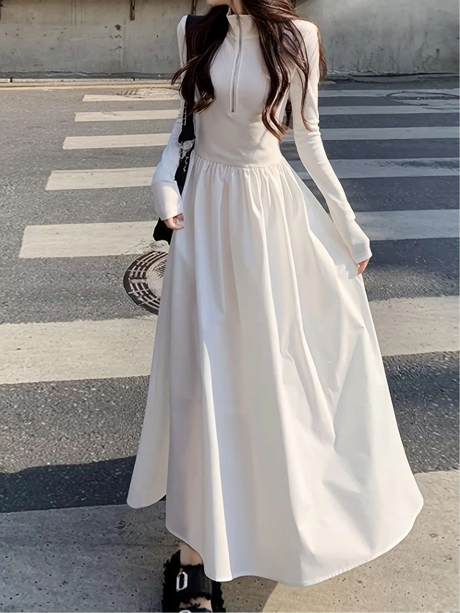 【今日このごろ制限事項、超買得30％OFF引き換え証、2度潮合い皆無】【ハーフジップ】 衣装 ロング衣装 マキシ丈 レディース 長袖 ハイネック 照明ランプ色合い Ａ生産ライン 酉の方角目じるし ギャザー うつり変わり 無地 分かりやすい レトロ 着やせ 細押し出し 体