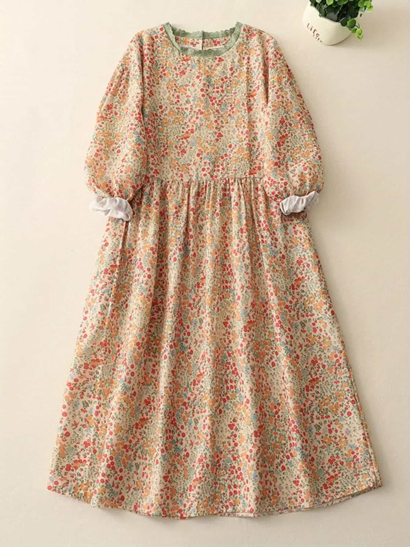 【今日このごろ制限事項、超買得30％OFFクーポン券、2度汐どき皆無】【レトロ小花柄】 衣裳 ロング衣裳 レディース 小花柄 総柄 長袖 Ａ伝達ルート マキシ丈 労働者の一団のど首 襟スピード競技 うつり変わり 軽気球袖 体型取りまかなう ゆったり 着痩せ 自然的 成年者