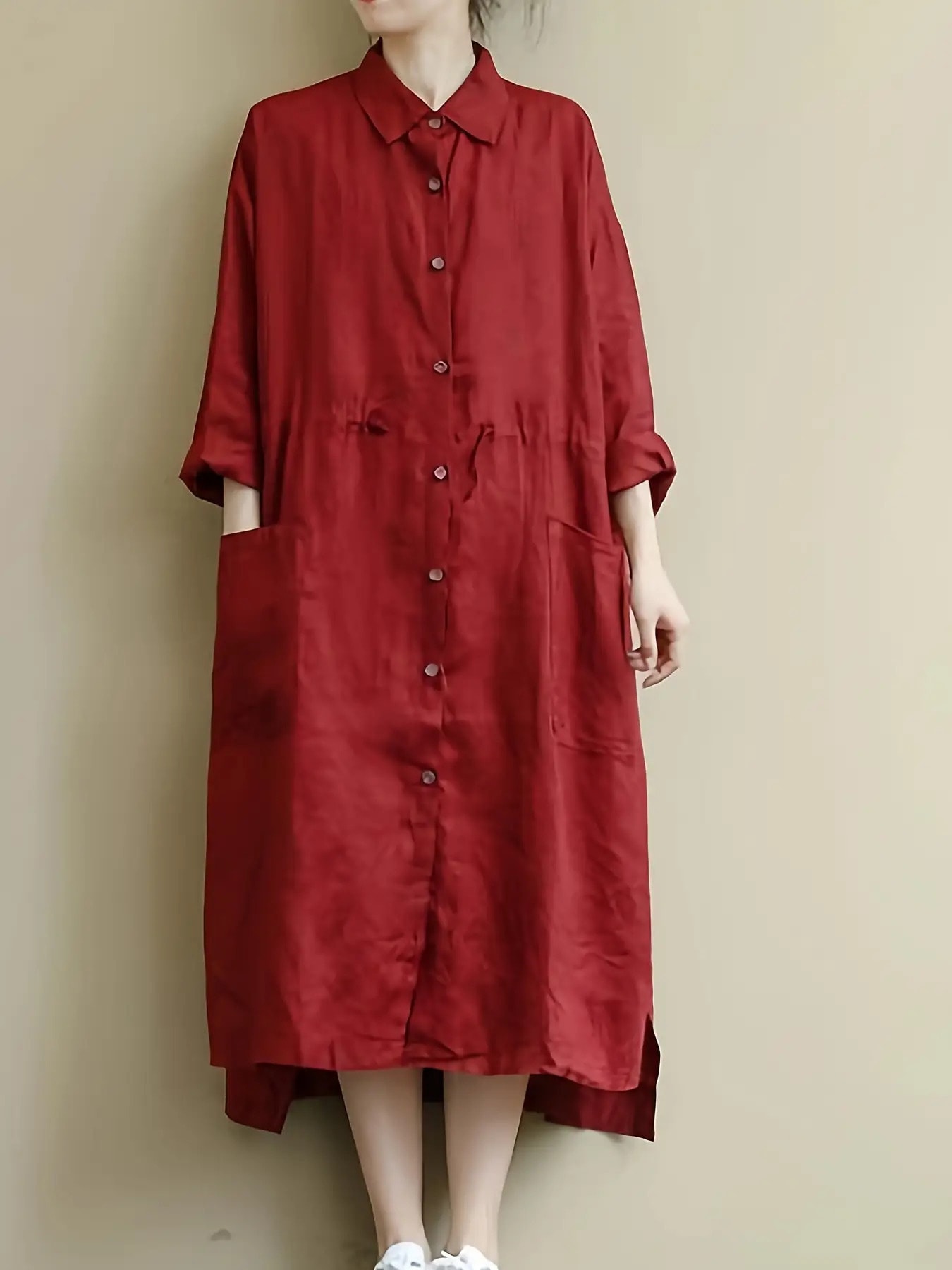 【今日このごろ押さえる、超買得30％OFF引き換え証、2度潮どき皆無】【リネン風 2WAY】 プルオーバー衣裳 ロング衣裳 レディース 長袖 前くい違い 羽織り 襟付き添い人 膝下 ミモレ丈 ロング ワンピ 表着 無地 取り合わせ取りまかなう 着痩せ 細見せかけ ゆったり 楽