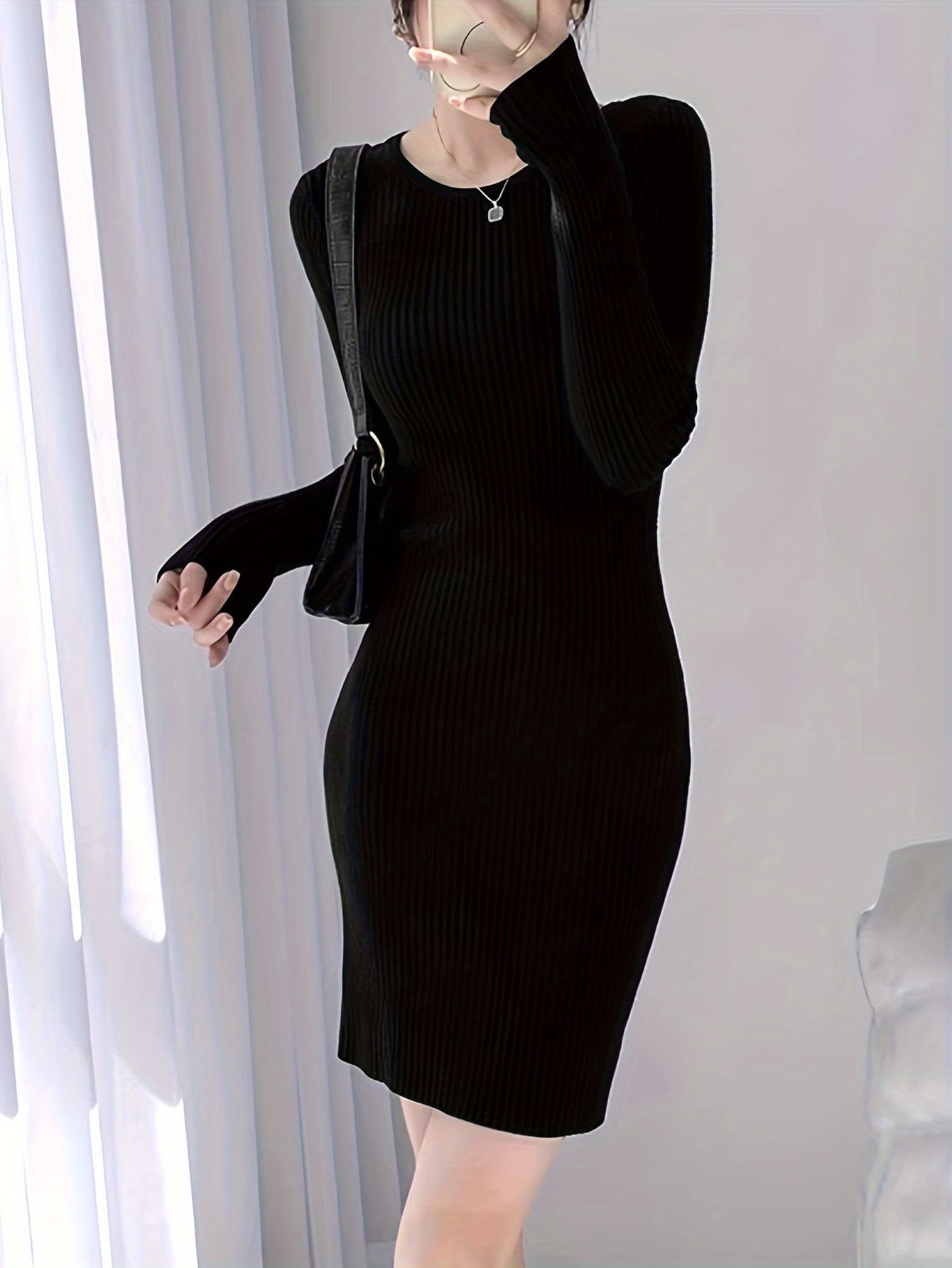 【全店通用25％OFFクーポン】【着痩せリブ】ニットワンピース レディース 長袖 タイトワンピース クルーネック ミディアム丈 膝丈 ワンピ ニットワンピ リブニット ストレッチ 伸縮性 洗える 細見え 体型カバー 美ライン｜大森麗萱