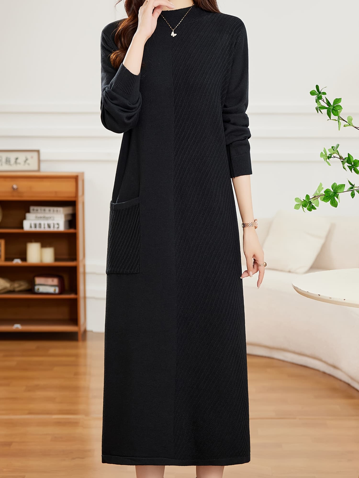 【全店通用25％OFFクーポン】【体型カバー】ニットワンピース レディース ロング 秋冬 ハイネック ボトルネック セーターワンピース マキシ丈 チュニック 長袖 Ｉライン リブニット ポケット付 暖かい ゆったり 大きいサ｜大森麗萱