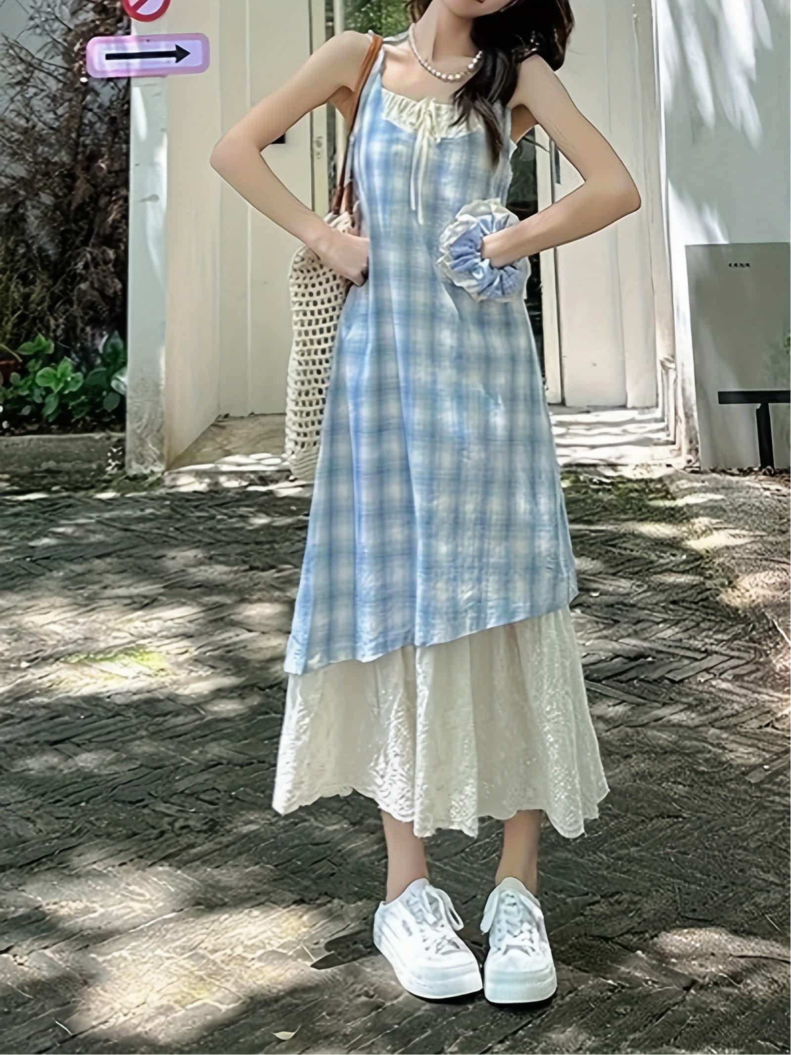 【今日このごろ押さえる、超買得30％OFF引き換え証、2度潮どき皆無】衣裳 レディース キャミソール衣裳 ロング マキシ丈 花の冠yd風 重ね着風 ギンガム照合のしるし 照合のしるし柄 後ろ側あき うしろ側開けはなし 裾スピード競技 ティアード A伝達ルート ノースリーブ