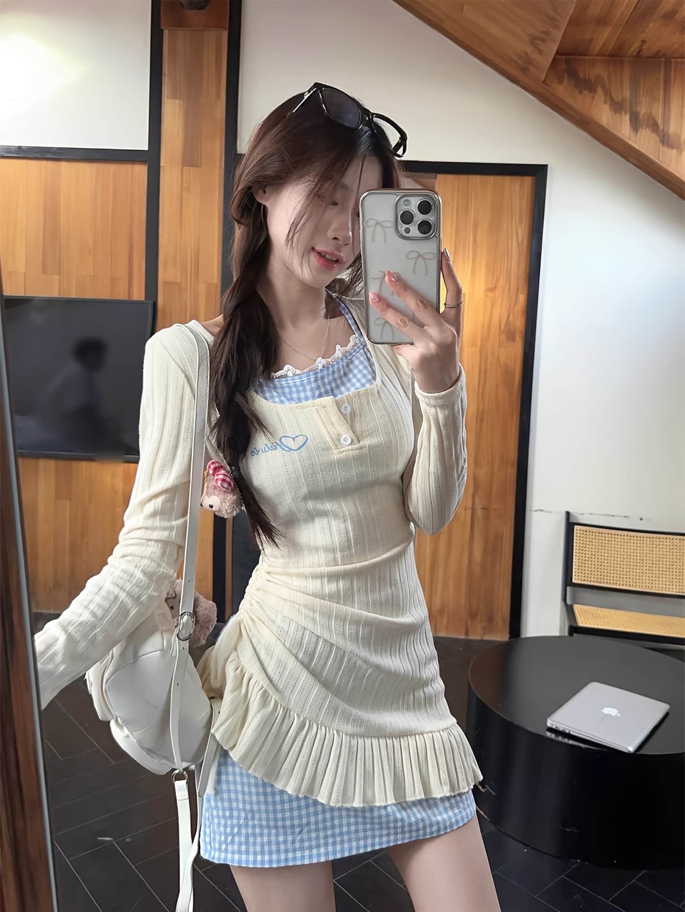 【全店通用25％OFFクーポン】【重ね着風】 ワンピース レディース ミニワンピース チュニック ギンガムチェック フェイクレイヤード リブニット スクエアネック ヘンリーネック 裾フリル シャーリング タイト スリム 細見｜大森麗萱 7,383円