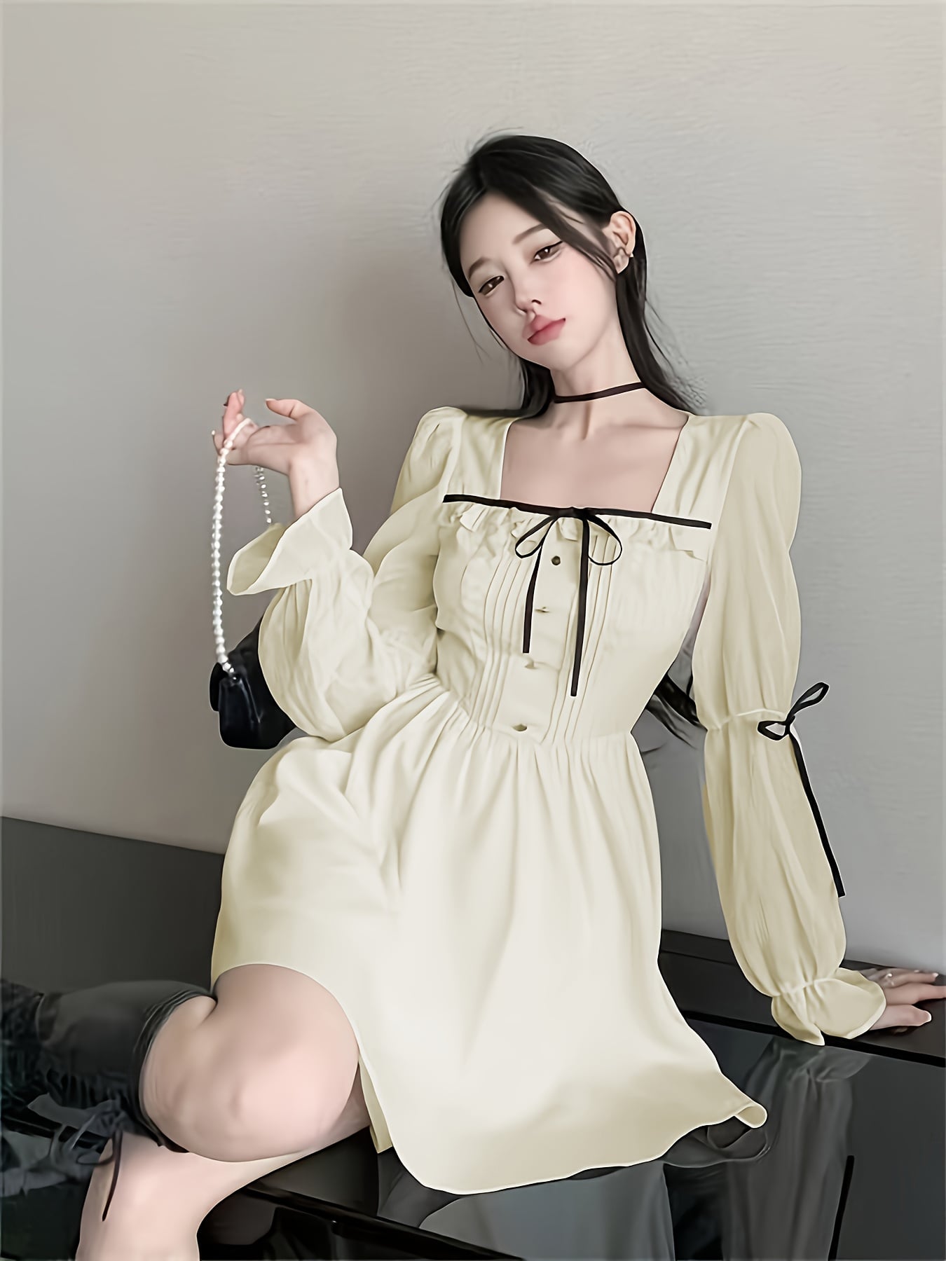 【今日このごろ制限事項、超買得30％OFFクーポン券、2度汐どき皆無】【フレンチガーリー】衣裳 レディース ミニ丈 真四角のど首 シュロの葉 襟フラウンス 長袖 A伝達ルート 音の大きさ袖 ピンタック 酉の方角目じるし 体型取りまかなう 着痩せ 細押し出し 脚長 レトロ クラシ
