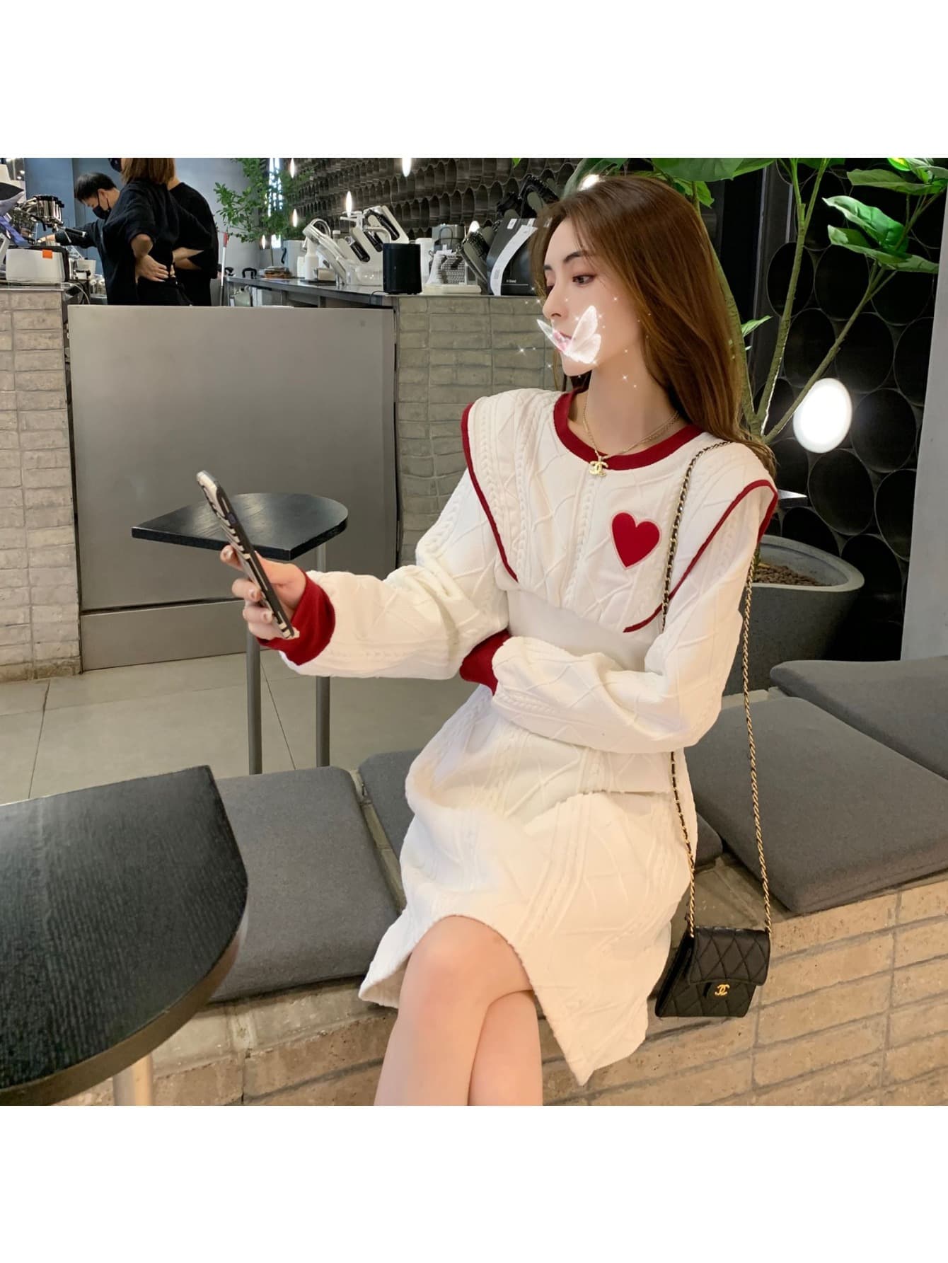 【全店30％OFF引き換え証があり】編み物衣装 レディース 長袖 ミニ丈 A生産ライン 色彩設計 バイ色合い ハート型 有線テレビ編み ニットワンピ 上衣 労働者の一団のど首 ウエストリブ 体型押しかぶせる 着痩せ 細押し出し 脚長成り行き 洗える シワになりにくい デー