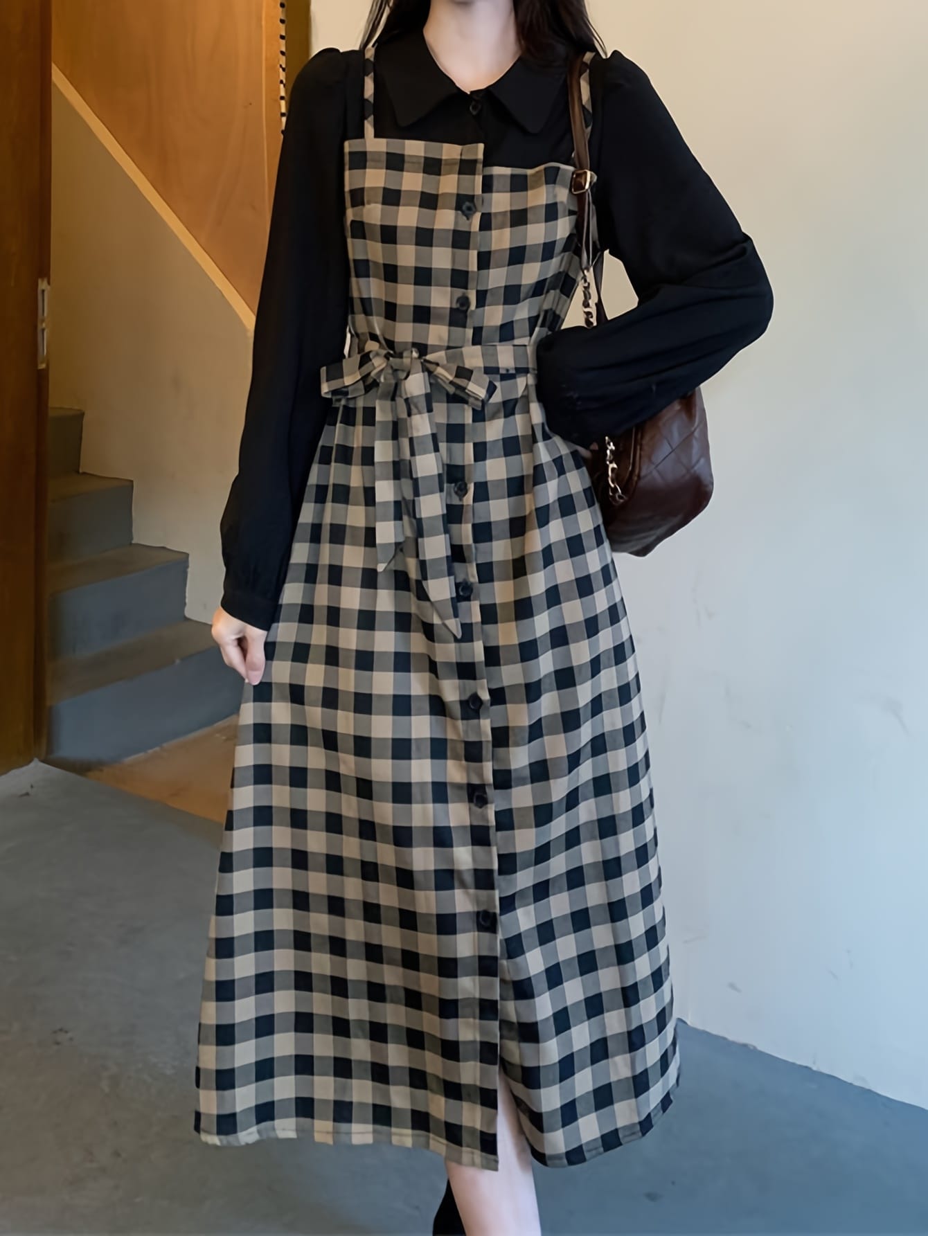 【全店30％OFFクーポンがあり】【重ね着風】 ワンピース レディース チェック柄 ロングワンピース 襟付き 長袖 ドッキング マキシ丈 チェック ギンガムチェック ジャンパースカート風 異素材 Aライン ウエストマーク 体型カバー 着痩せ 細見え｜大森麗萱