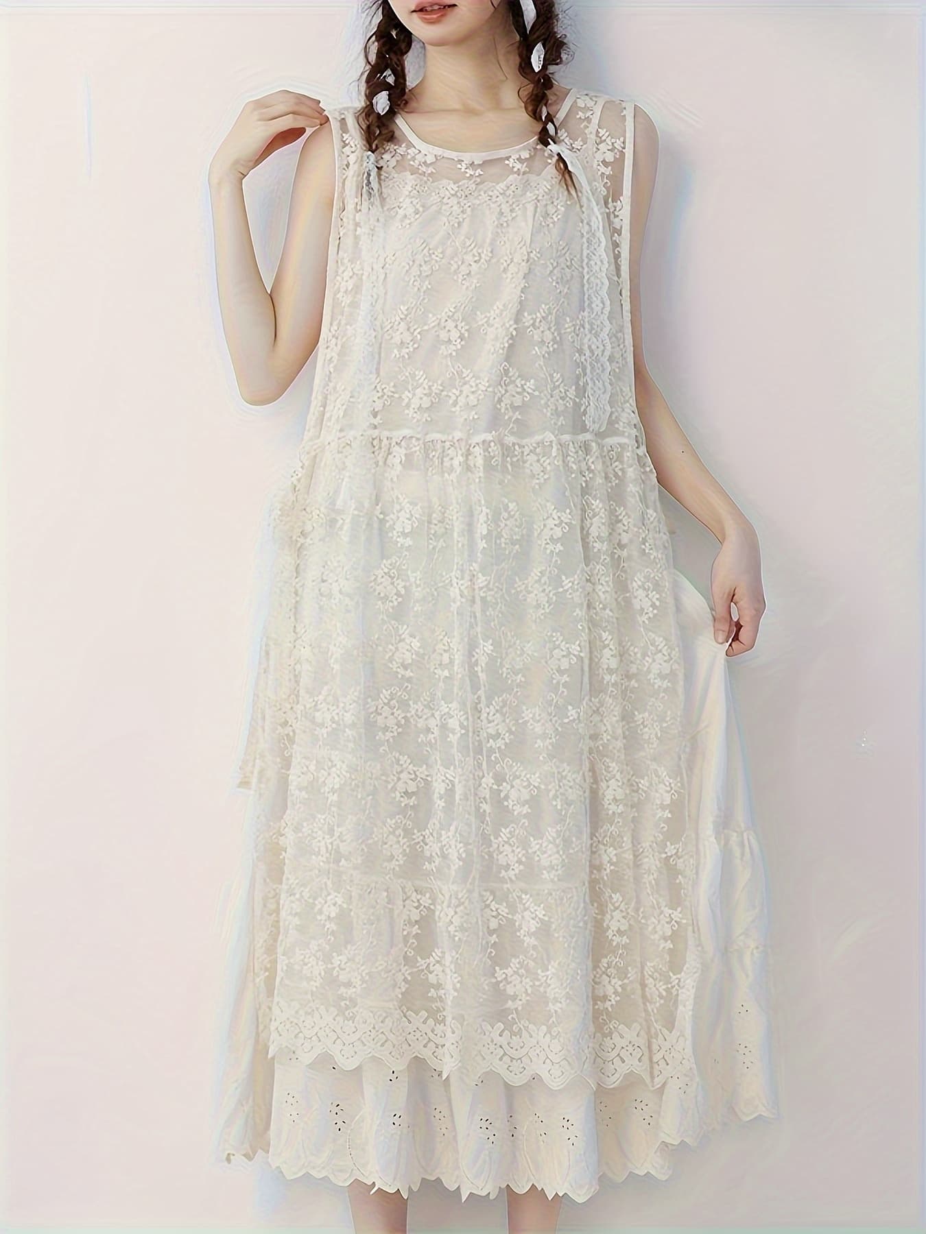【全店30％OFFクーポンがあり】【総レース刺繍】 ワンピース レディース ノースリーブ レース ワンピ ロング丈 タンクワンピ 刺繍 大人可愛い 森ガール ナチュラル 透け感 シアー レイヤード 重ね着 膝下 ひざ下 ミモレ丈 ジャンパースカート｜大森麗萱