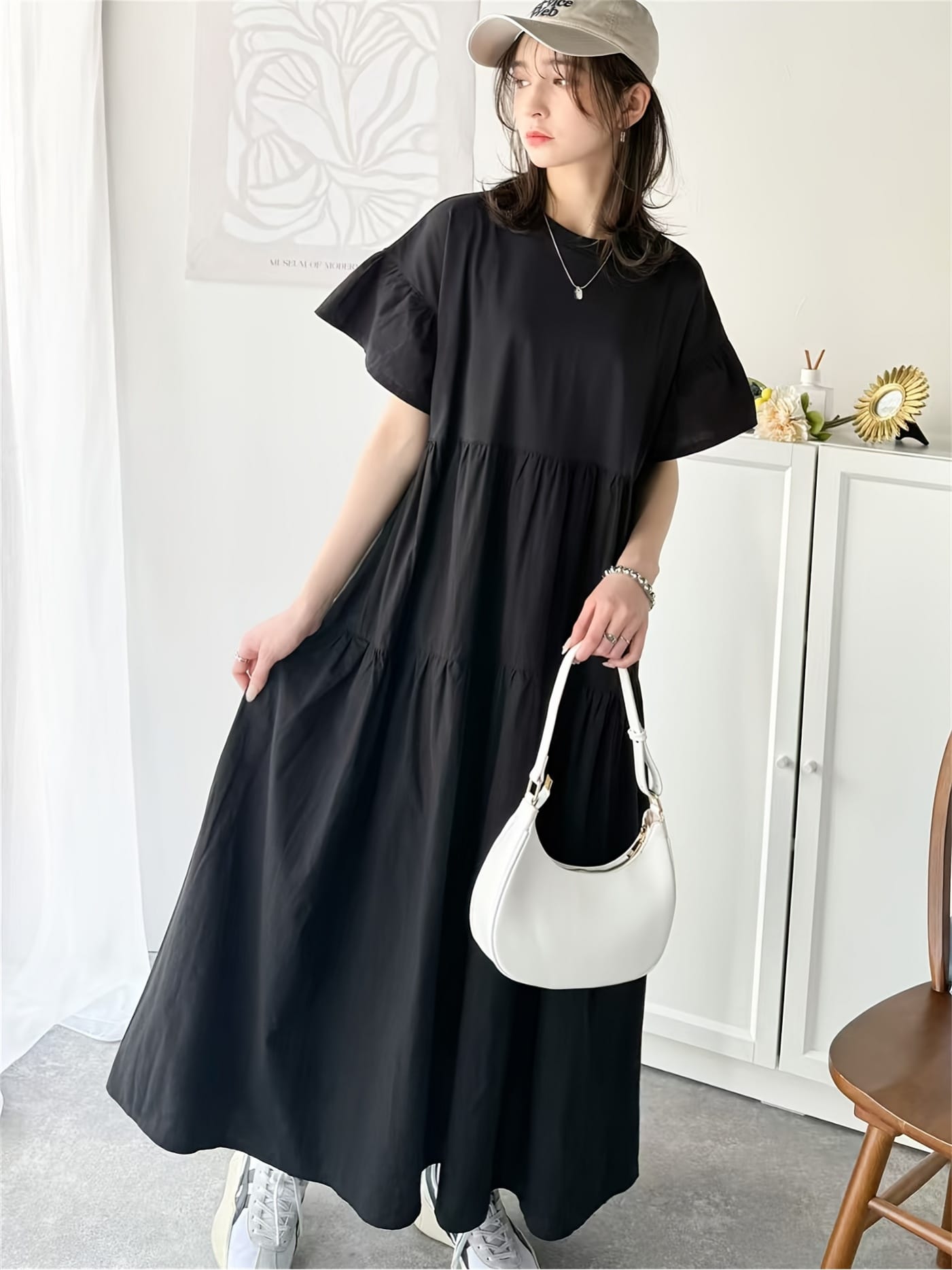 【全店30%OFFクーポンがあり】【大人可愛い】ワンピース レディース ロング ティアードワンピース マキシ丈 半袖 フリル袖 クルーネック 丸首 Aライン 切り替え ゆったり 体型カバー 着痩せ 二の腕カバー 楽ちん マキシワンピ 無地 膝下 ロン|大森麗萱