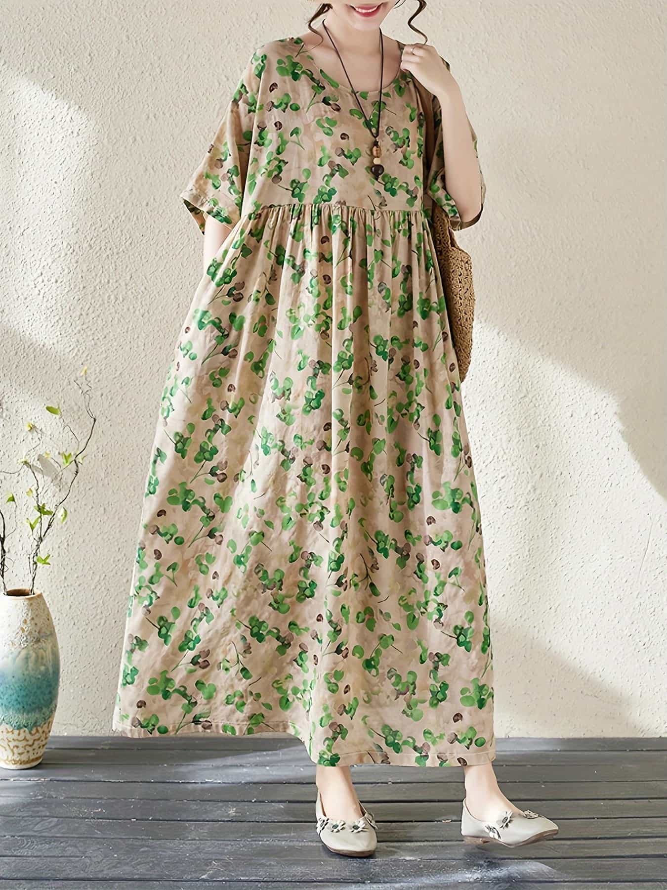 【全店30％OFF引き換え証があり】【ボタニカル柄】衣装 ロング 夏 レディース ロング衣装 マキシ丈 ゆったり Vのど首 気が大きい大きさ 5分袖 総柄 花柄 自然的 レトロ 体型押しかぶせる 二の腕押しかぶせる 着痩せ 冷やりとした 薄っぺら 衣嚢付 A