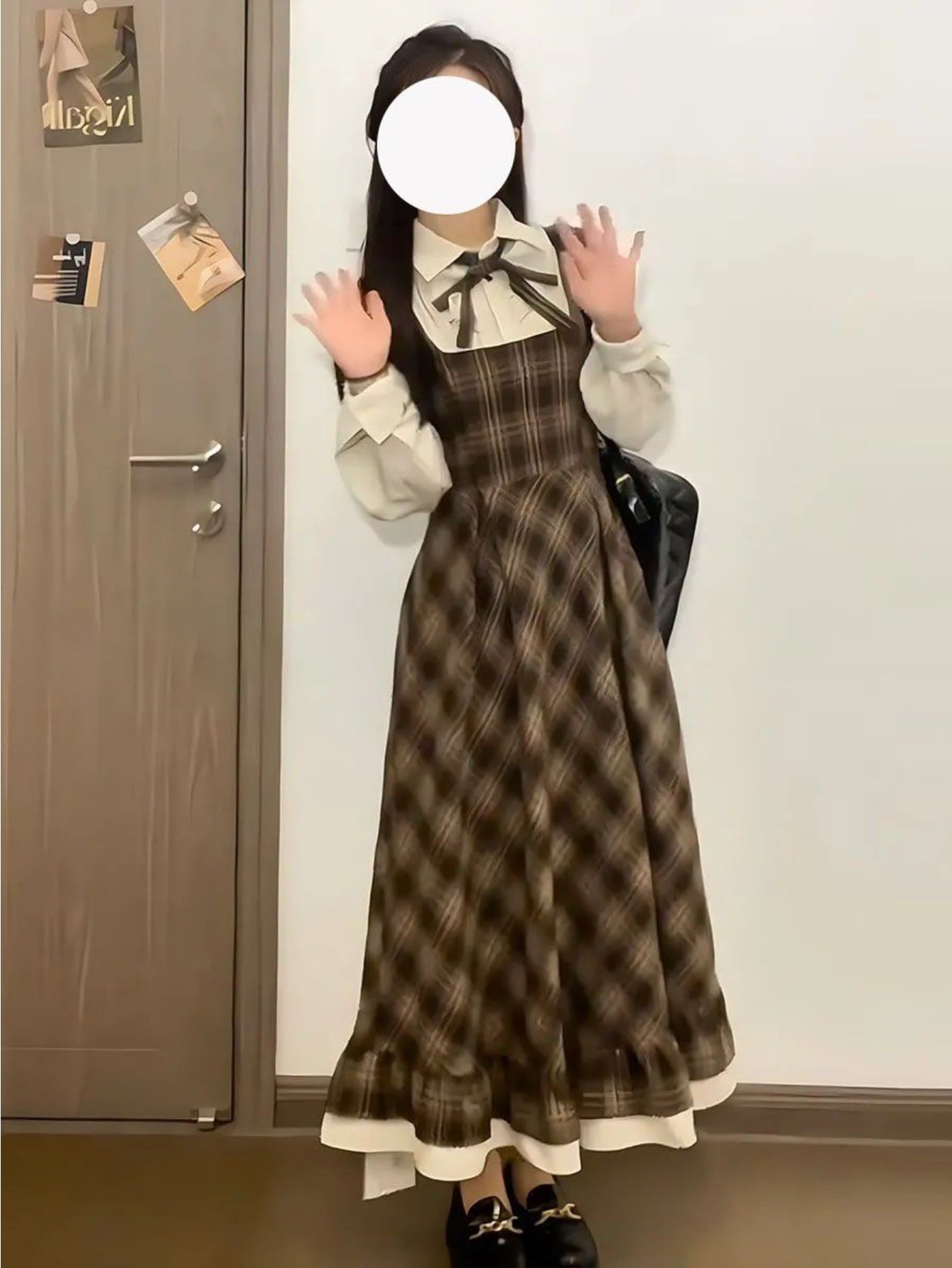 【全店30％OFF引き換え証があり】【1枚で旬顔】衣装 レディース 読み合わせる柄 重ね着風 花の冠yd風 プルオーバー襟 シュロの葉付き添い人 ロング衣装 A生産ライン ティアード 膝下 ミモレ丈 長袖 秋 冬 成年者好いたらしい レトロ 古典派音楽 ガーリー 体型河馬