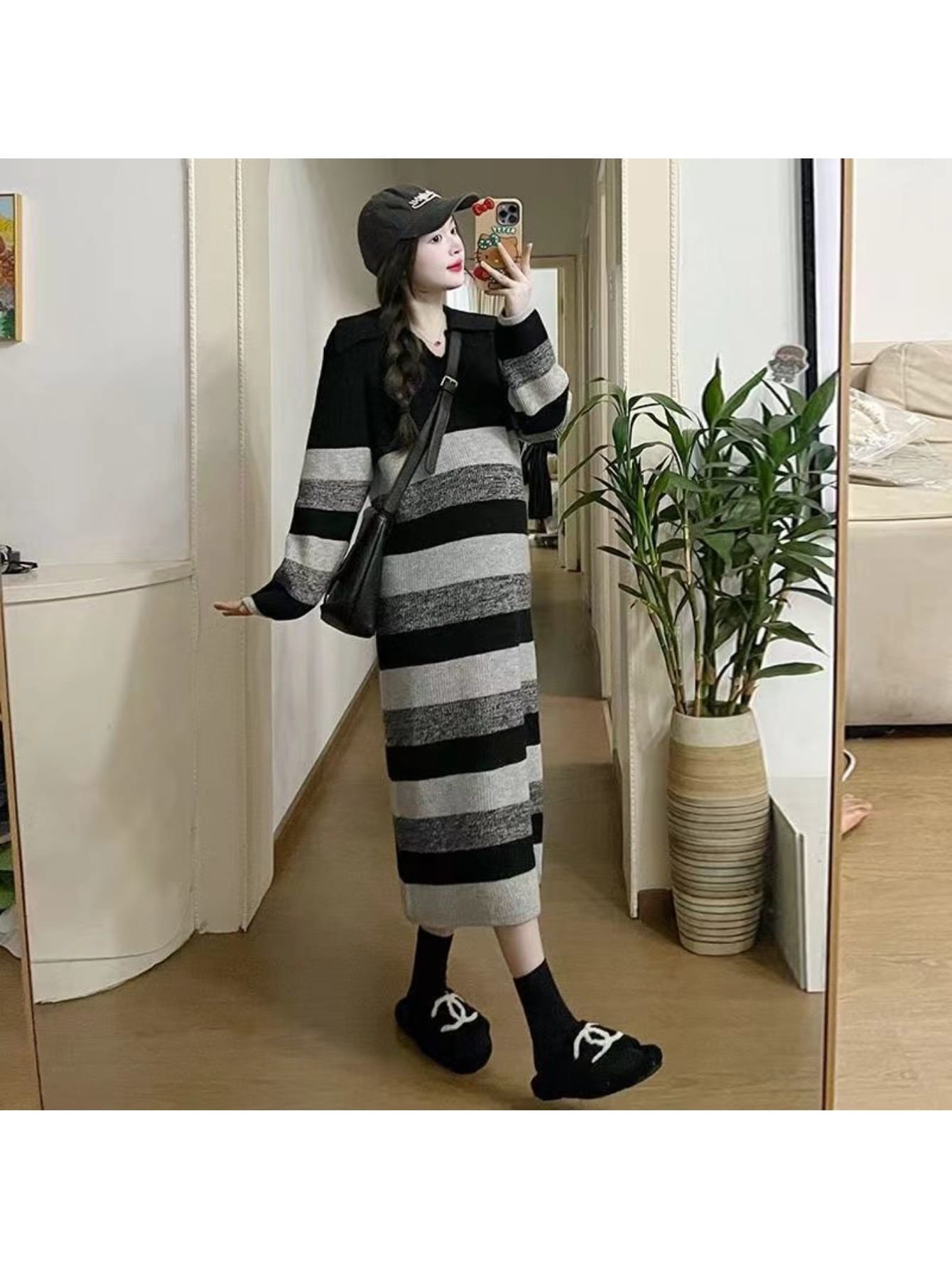 【全店30％OFFクーポンがあり】ニットワンピース レディース ロングワンピース ボーダー柄 長袖 襟付き Vネック ニットワンピ マキシ丈 ミモレ丈 ゆったり 体型カバー 着痩せ 暖かい 厚手 オーバーサイズ カジュアル きれいめ 大人可愛い 春｜大森麗萱