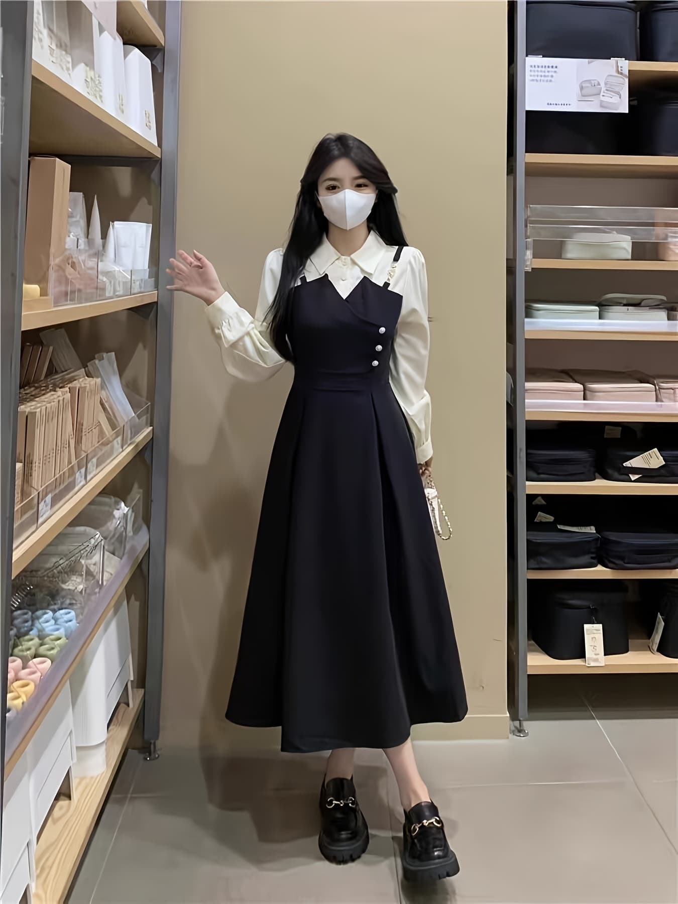 【全店30％OFFクーポン券があり】【花の冠yd風】衣装 レディース ロング衣装 プルオーバー衣装 ドッキングワンピ 重ね着風 フェイクレイヤード バイ色つや 一本調子 襟付き添い人 長袖 A伝達ルート うつり変わり 伸ばすこと 伸縮性 洗える 体型カ