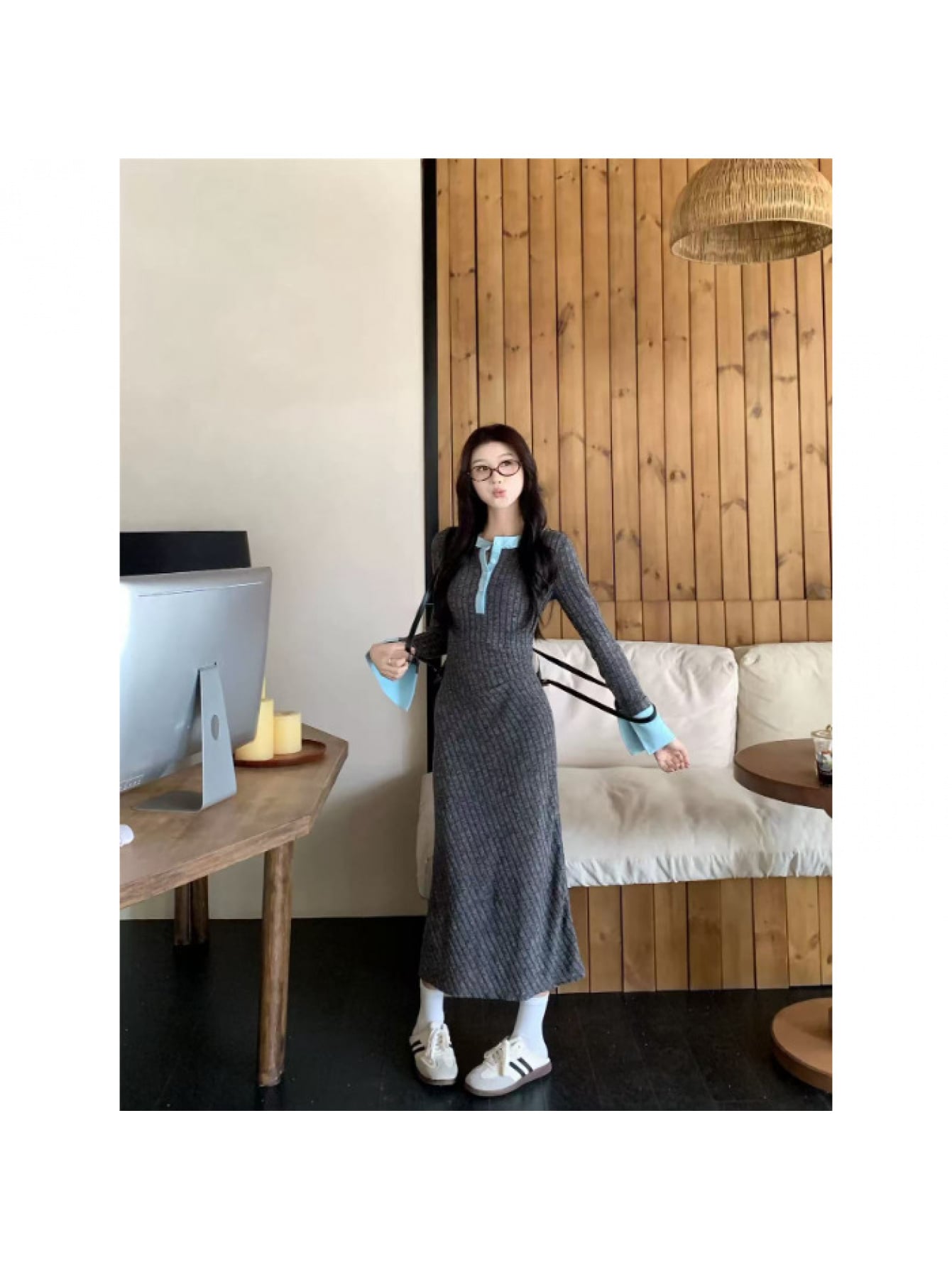 【全店30％OFF引き換え証があり】【バイ色合い色彩設計】 編み物衣装 ロング レディース 襟付き添い人 ポロ襟 リブニット 衣装 長袖 マキシ丈 マキシ衣装 ロング衣装 呼びりん捩り 袖拡がり きつい Ａ生産ライン 縦生産ライン 細押し出し 着痩せ