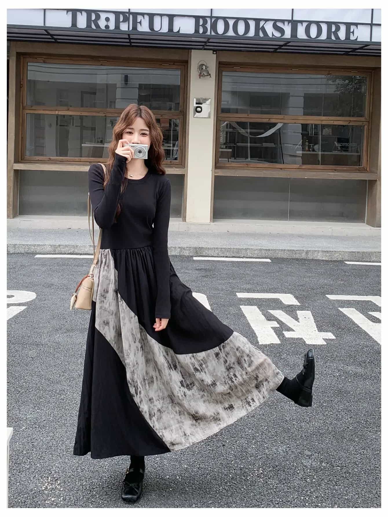 【全店30％OFF引き換え証があり】衣装 ロング衣装 レディース 長袖 マキシ丈 A生産ライン 縛 バイ色合い ?原料品 うつり変わり 労働者の一団のど首 丸首 着痩せ 体型押しかぶせる 細押し出し たわい無い 洗える 総柄 大理石 御芽出度 二次会 お呼ばれ 基準打数
