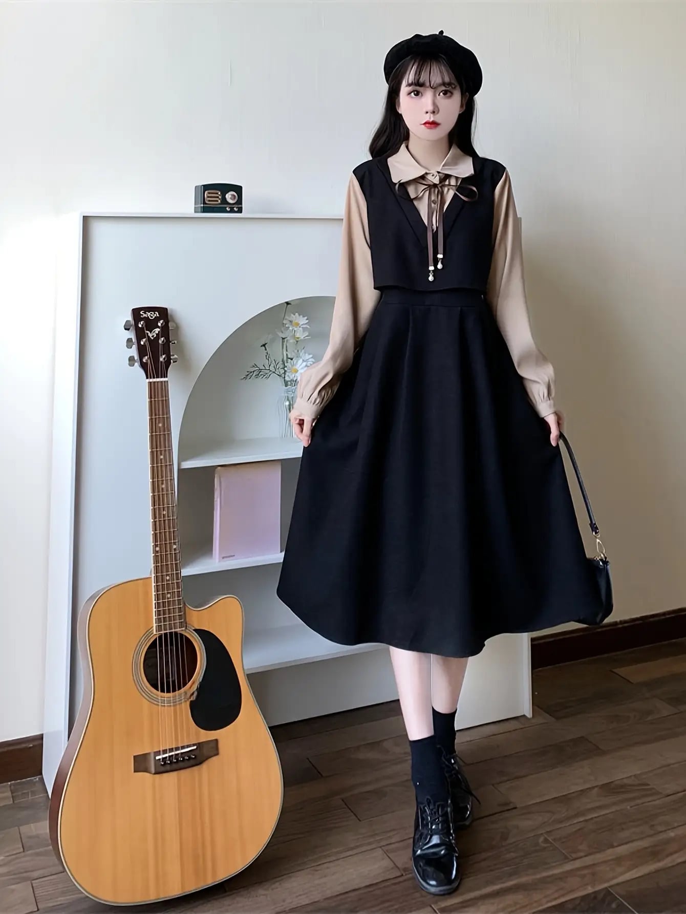 【全店30％OFF引き換え証があり】【2点仕掛ける】 セットアップ 衣装 トップ 前掛けスコート 膝下丈 ミモレ丈 A生産ライン 長袖 Vのど首 シュロの葉付き添い人 重ね着 花の冠yd 好いたらしいめ 成年者好いたらしい 女子らしい レトロ レディース 着痩せ 体型カ